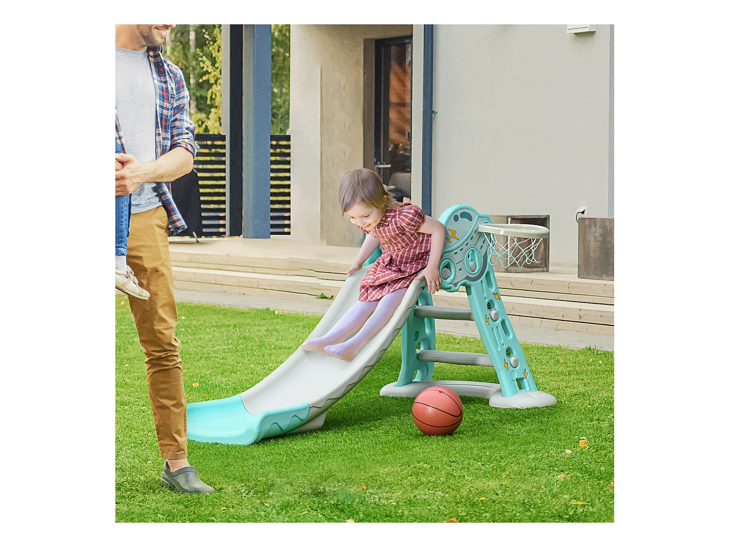 Scivolo per bambini 18+ mesi pieghevole con canestro blu e grigio