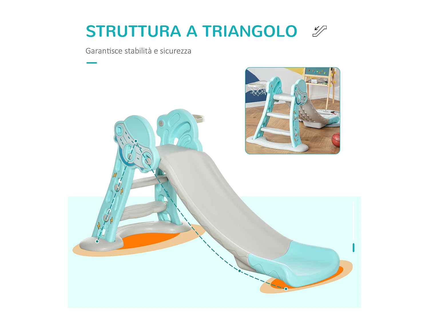 Scivolo per bambini 18+ mesi pieghevole con canestro blu e grigio