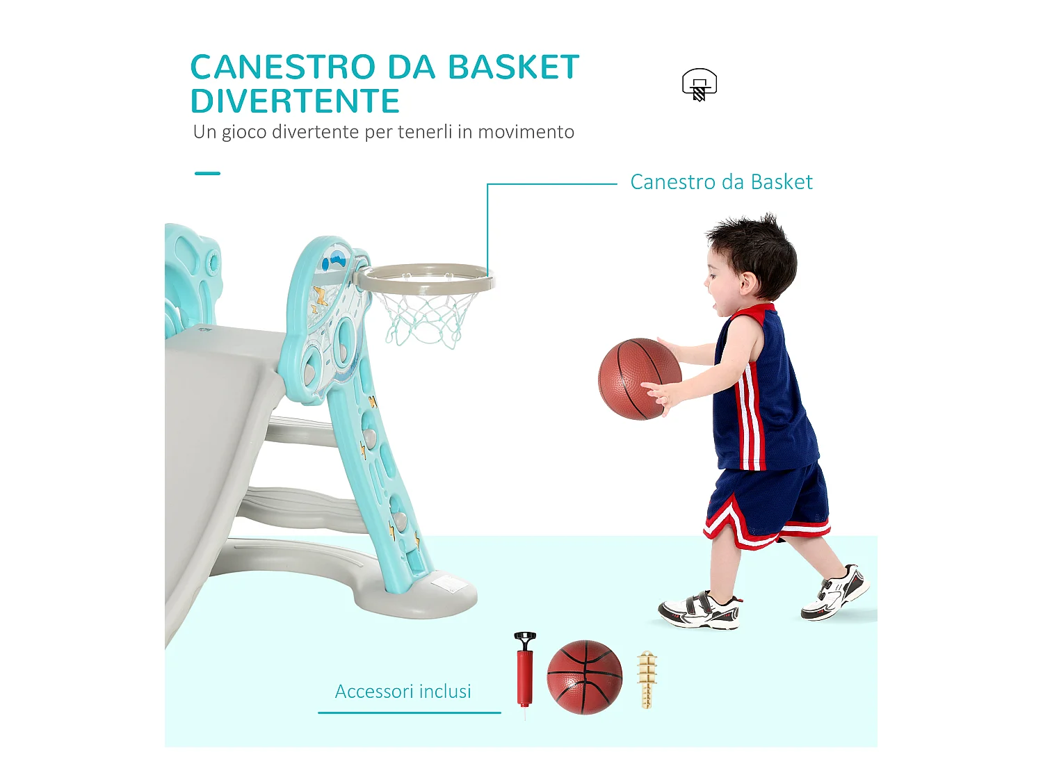 Scivolo per bambini 18+ mesi pieghevole con canestro blu e grigio