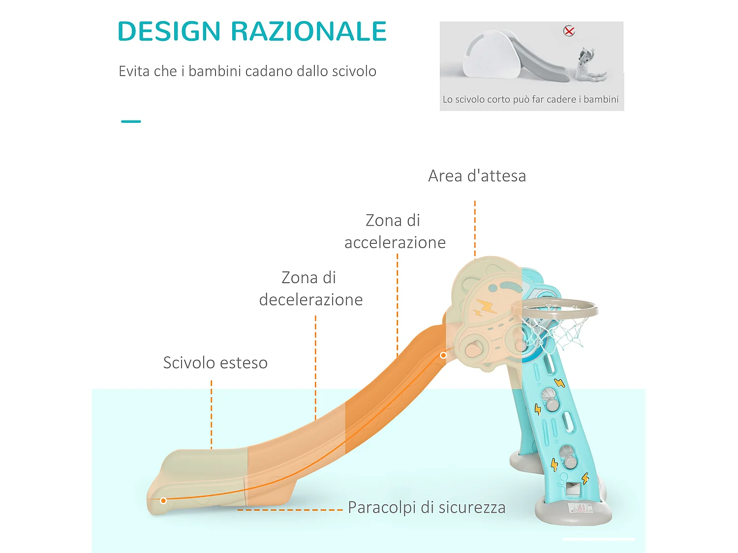 Scivolo per bambini 18+ mesi pieghevole con canestro blu e grigio