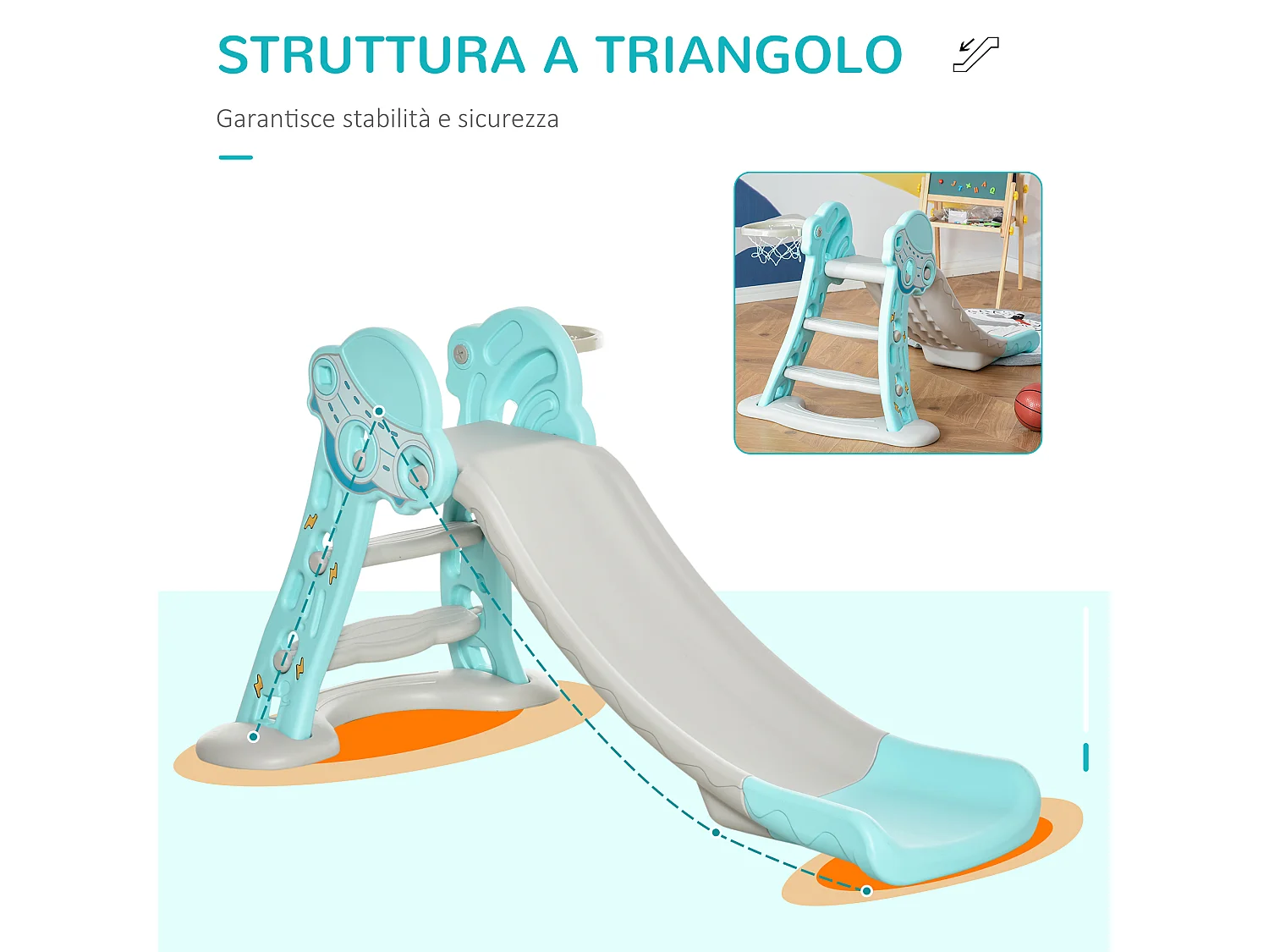 Scivolo per bambini 18+ mesi pieghevole con canestro blu e grigio