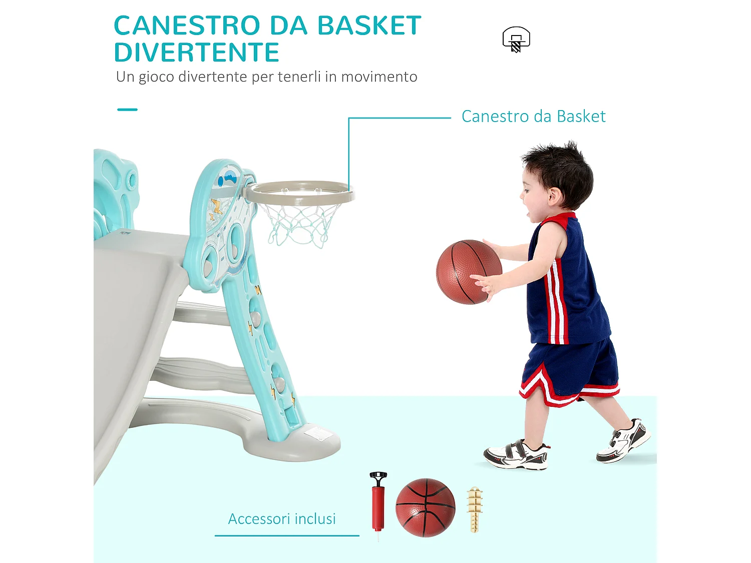 Scivolo per bambini 18+ mesi pieghevole con canestro blu e grigio