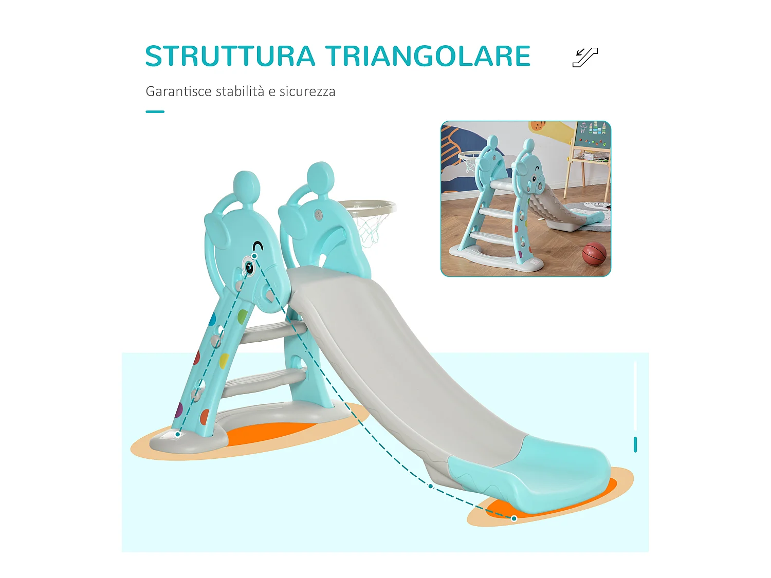 Scivolo bambini con canestro basket 2-4 anni grigio 147x82x85.5cm