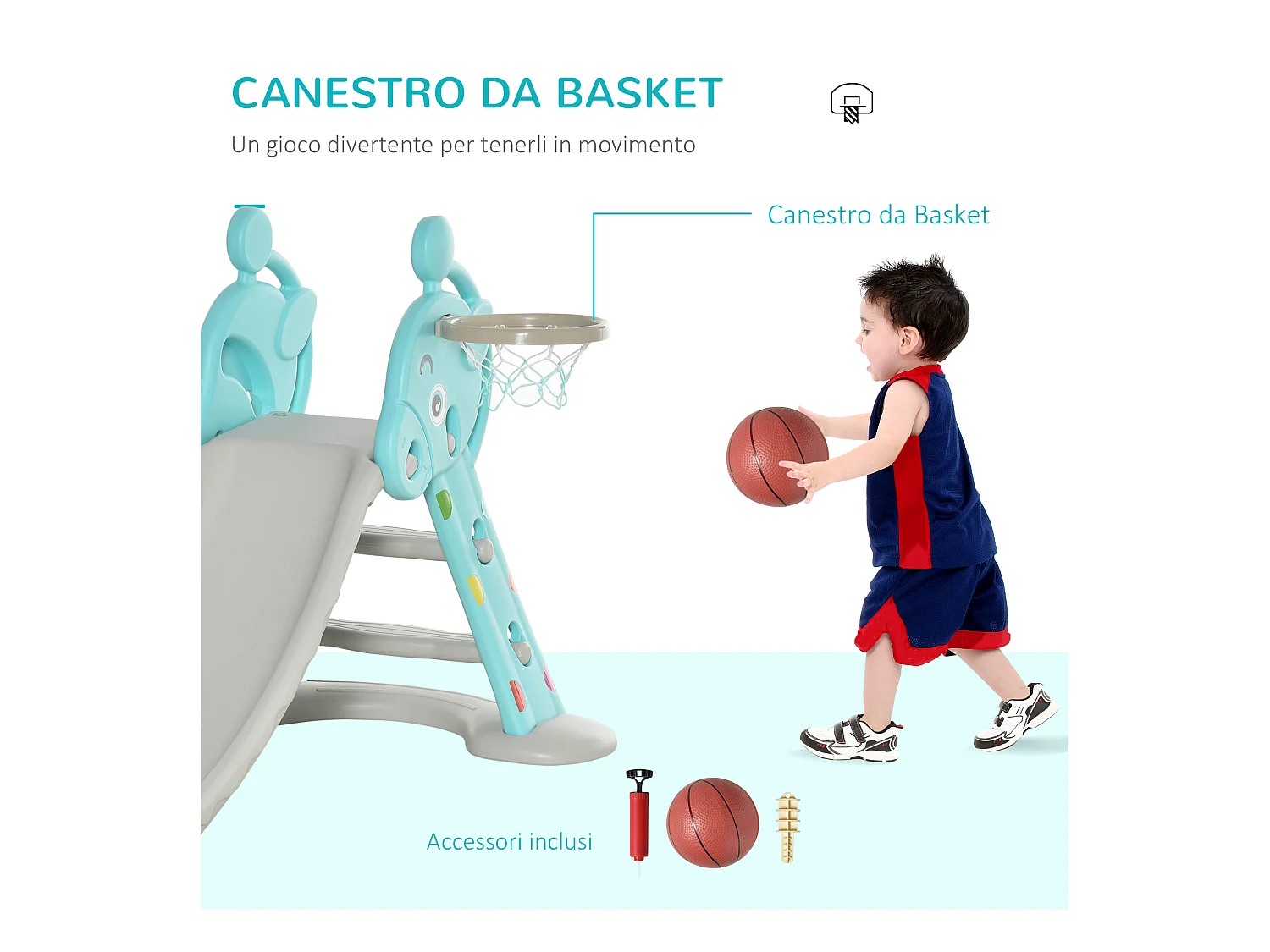 Scivolo bambini con canestro basket 2-4 anni grigio 147x82x85.5cm