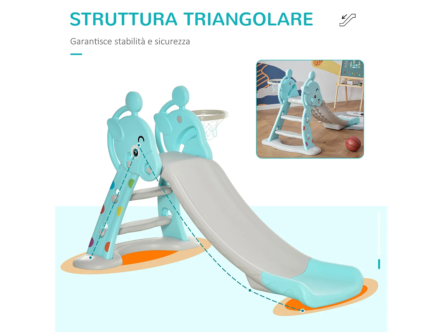 Scivolo bambini con canestro basket 2-4 anni grigio 147x82x85.5cm