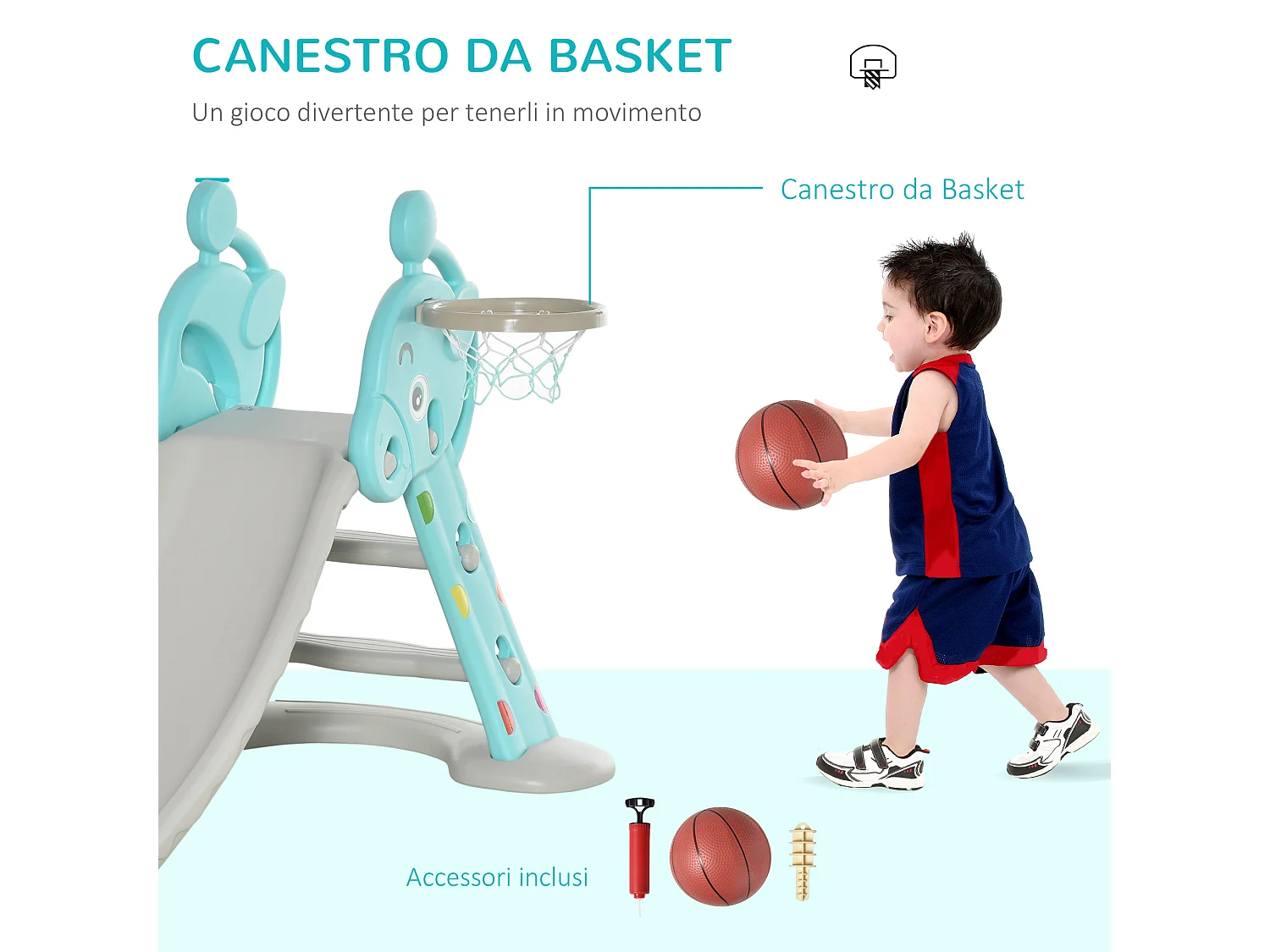 Scivolo bambini con canestro basket 2-4 anni grigio 147x82x85.5cm