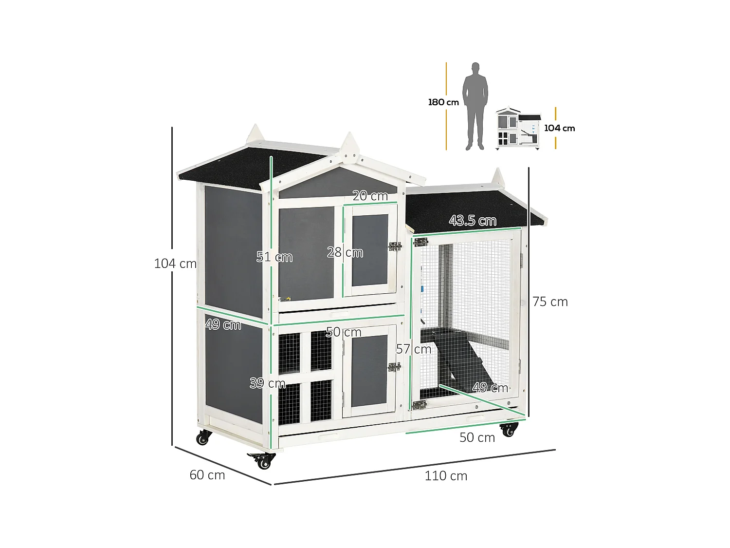 Conigliera da esterno per 2 conigli in legno di abete e tetto in bitume