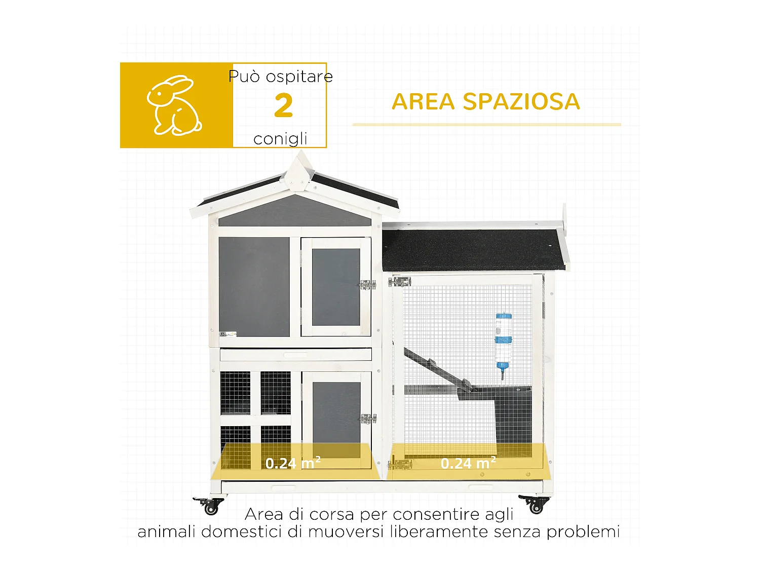 Conigliera da esterno per 2 conigli in legno di abete e tetto in bitume