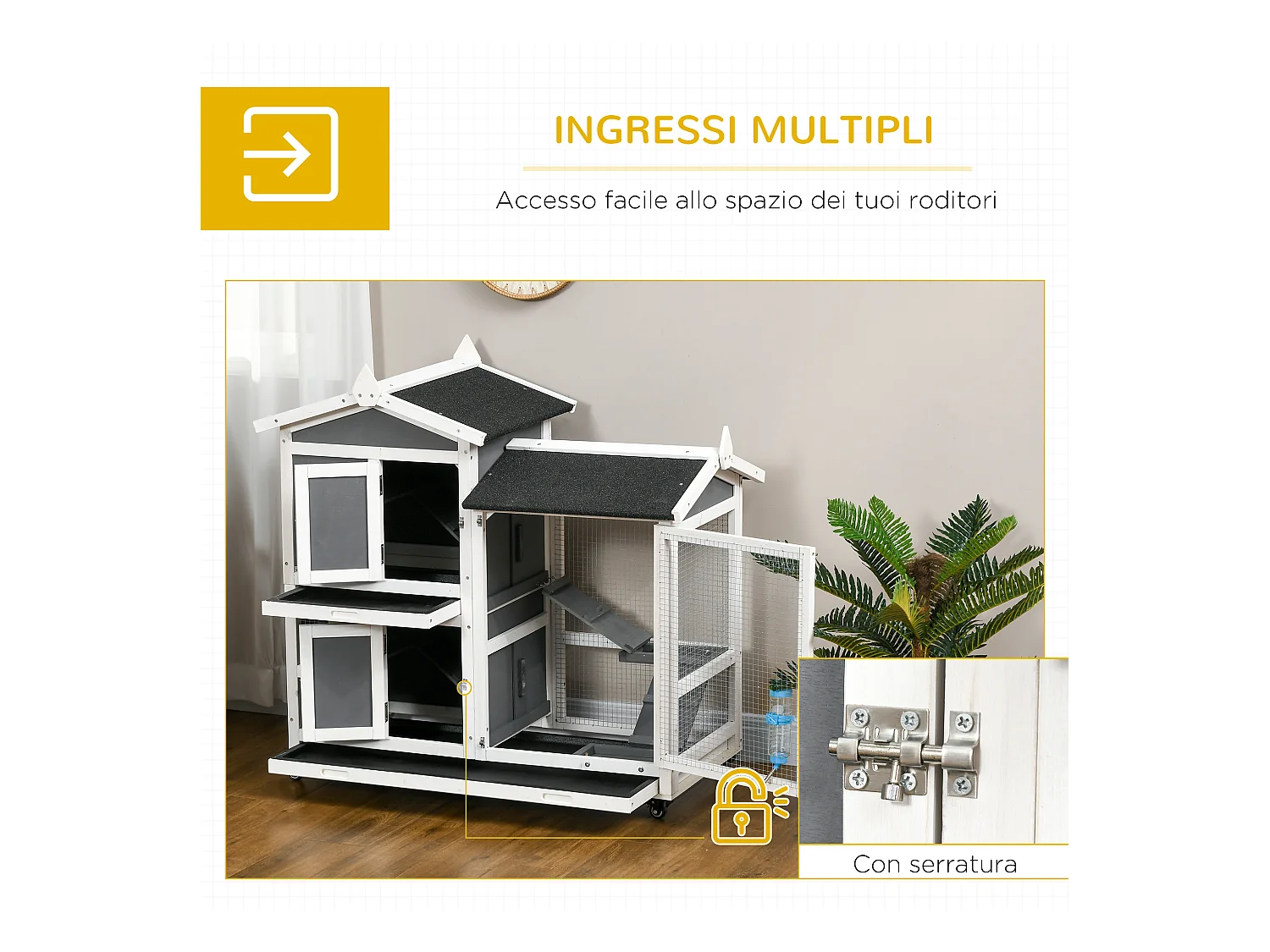 Conigliera da esterno per 2 conigli in legno di abete e tetto in bitume