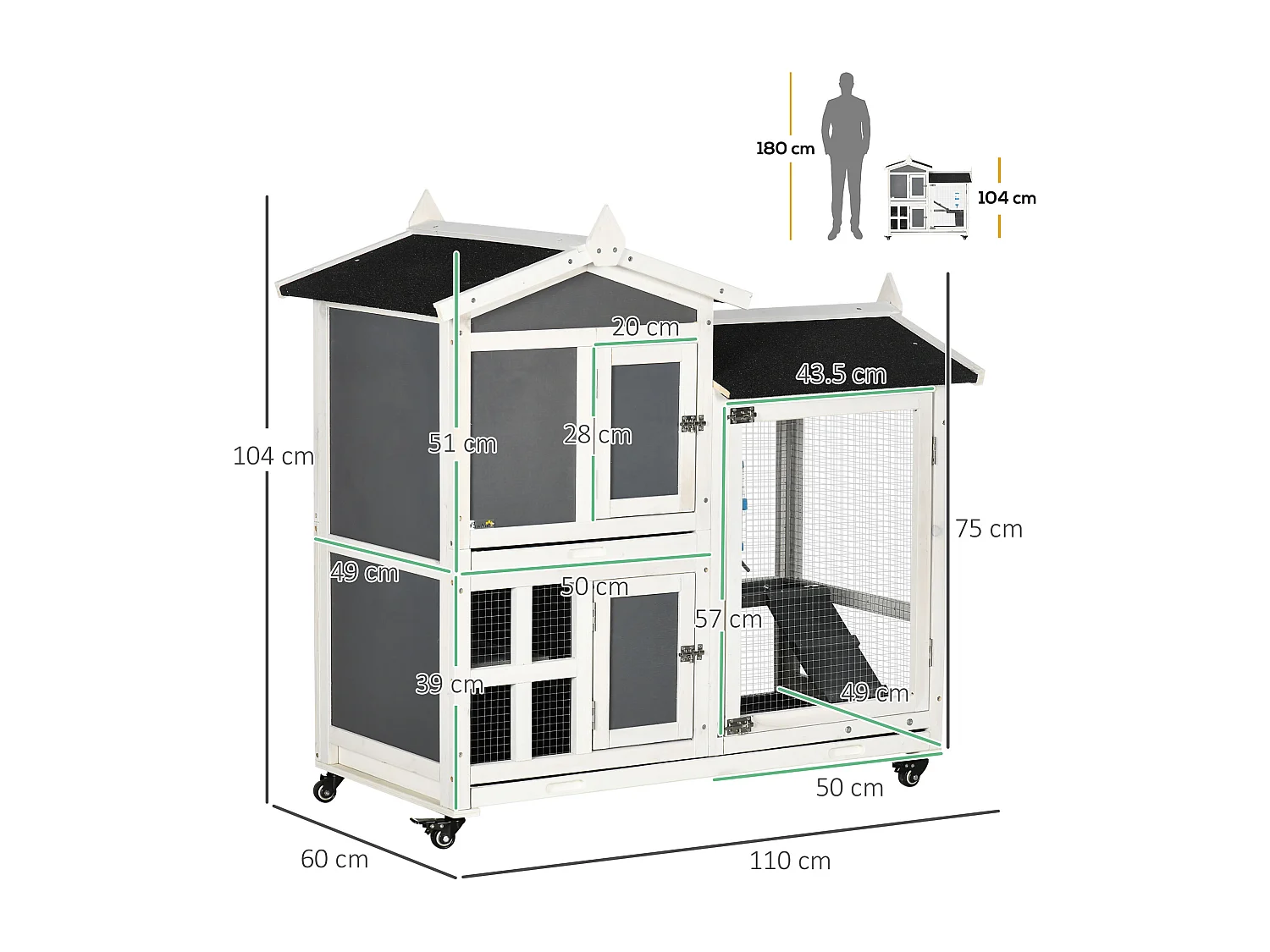 Conigliera da esterno per 2 conigli in legno di abete e tetto in bitume