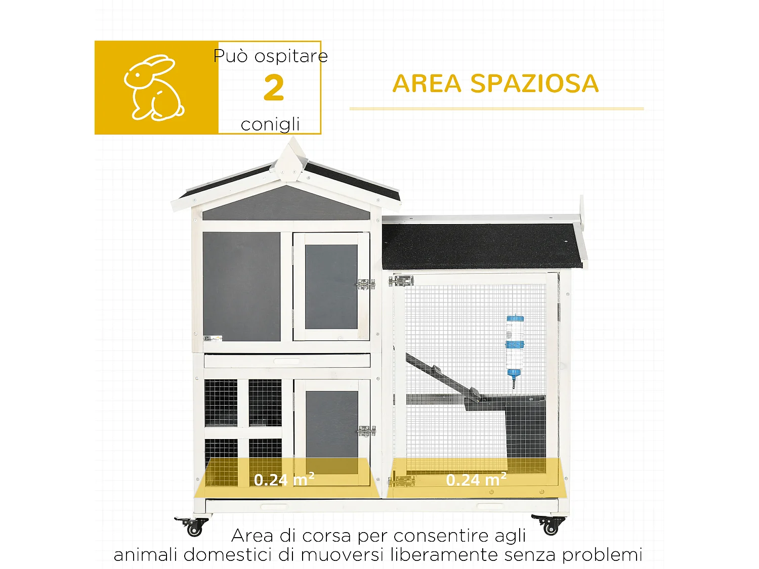 Conigliera da esterno per 2 conigli in legno di abete e tetto in bitume