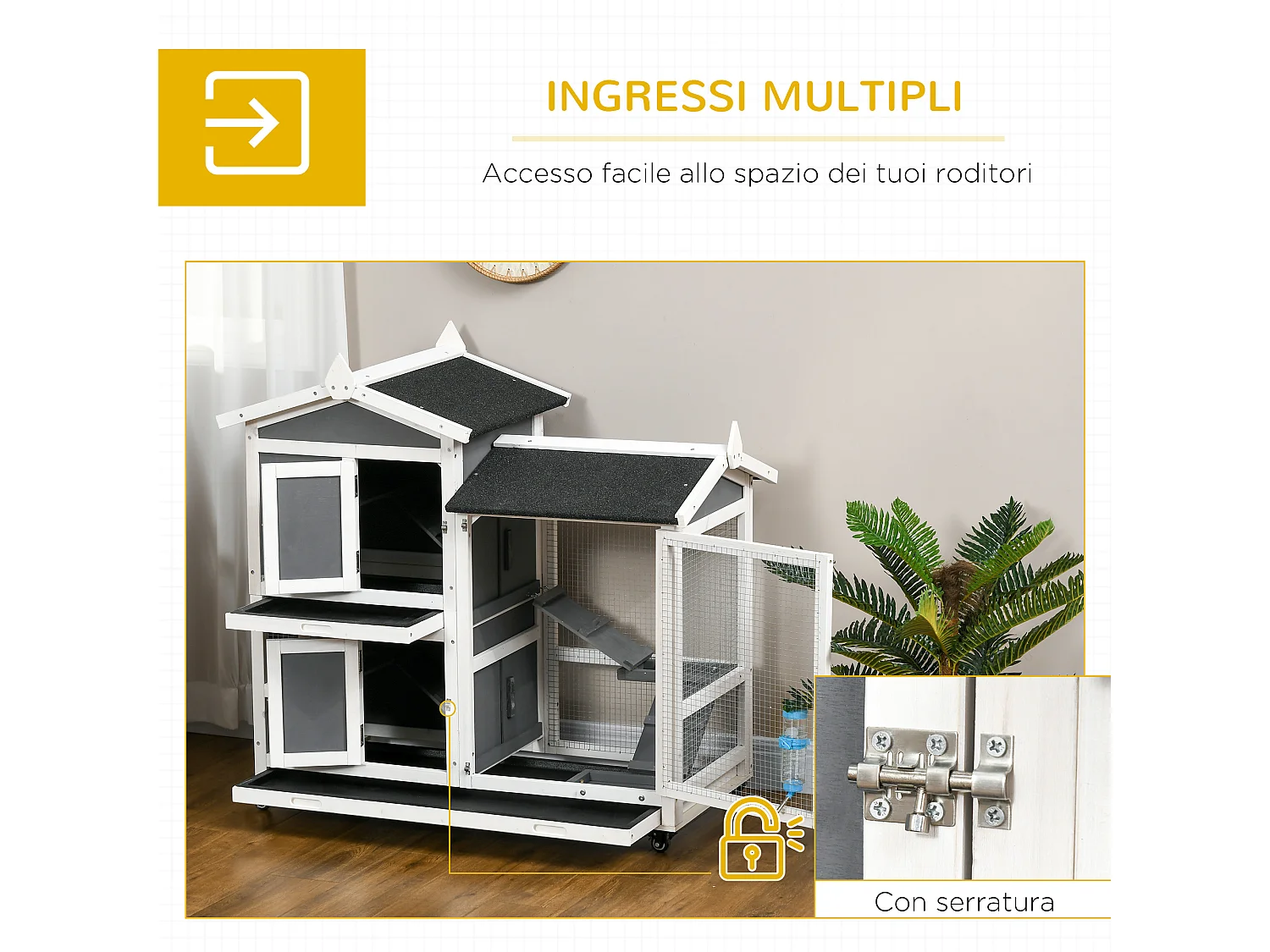 Conigliera da esterno per 2 conigli in legno di abete e tetto in bitume