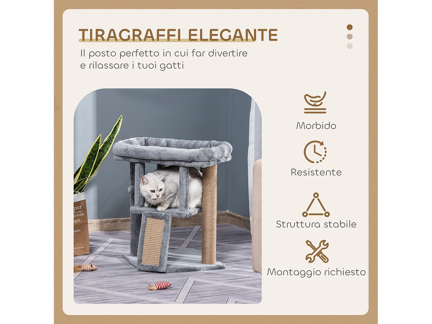 Albero per gatti con casetta, lettino e tiragraffi in juta grigio