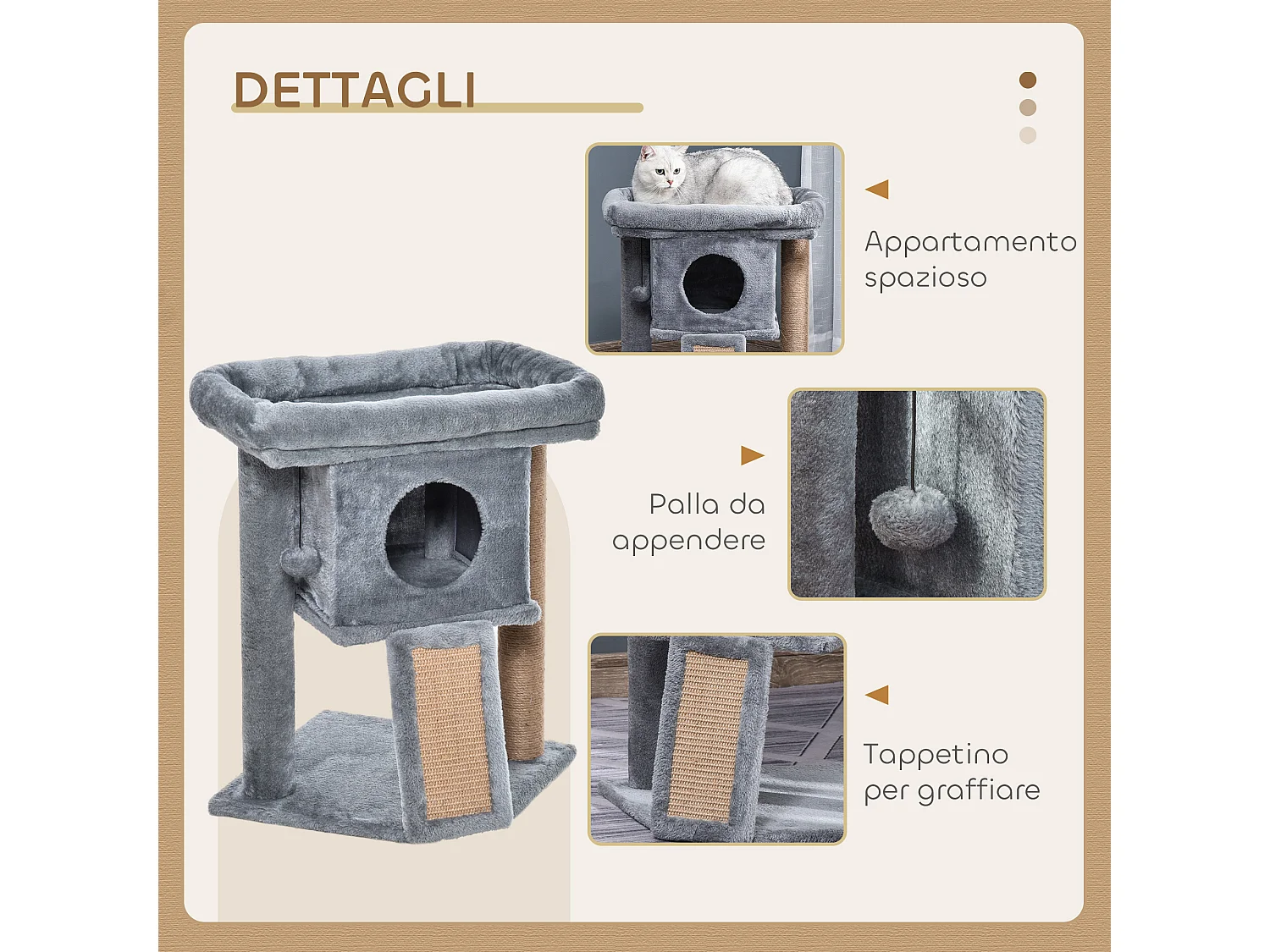 Albero per gatti con casetta, lettino e tiragraffi in juta grigio