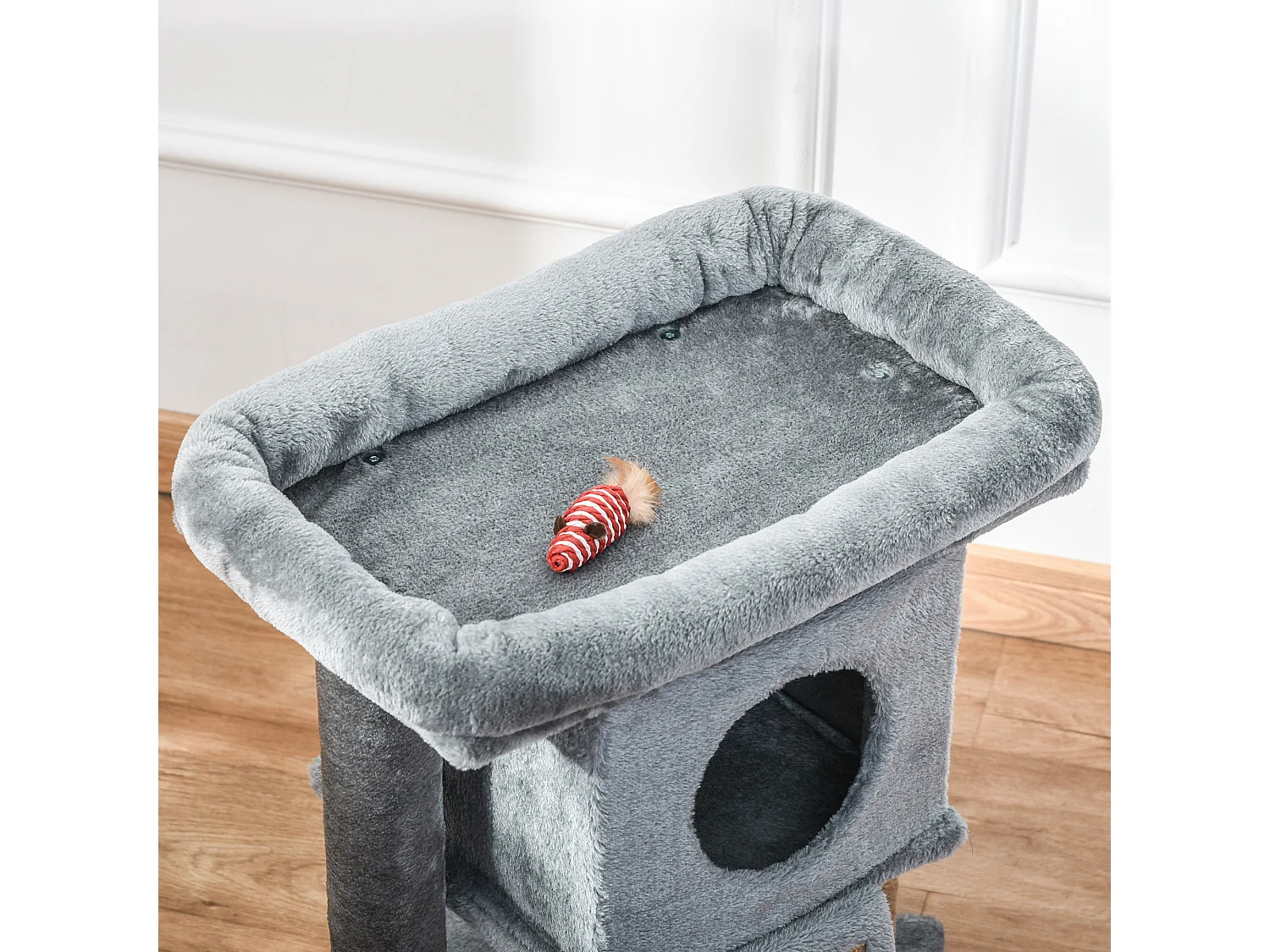 Albero per gatti con casetta, lettino e tiragraffi in juta grigio