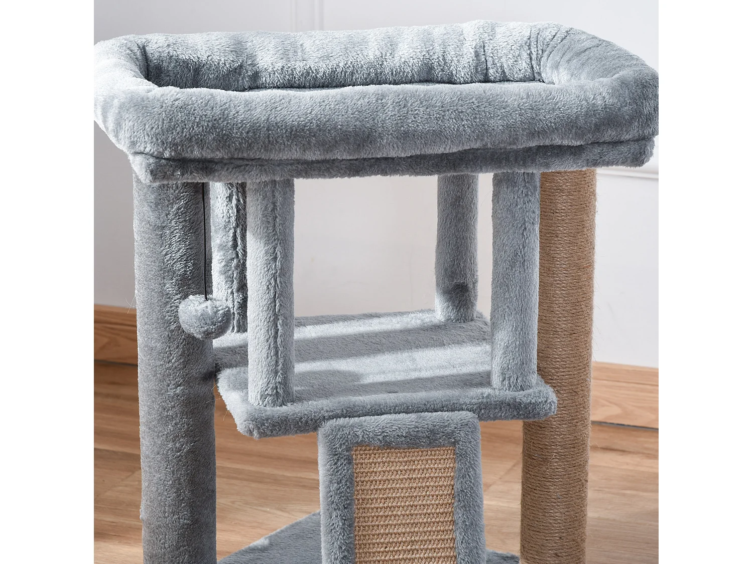 Albero per gatti con casetta, lettino e tiragraffi in juta grigio