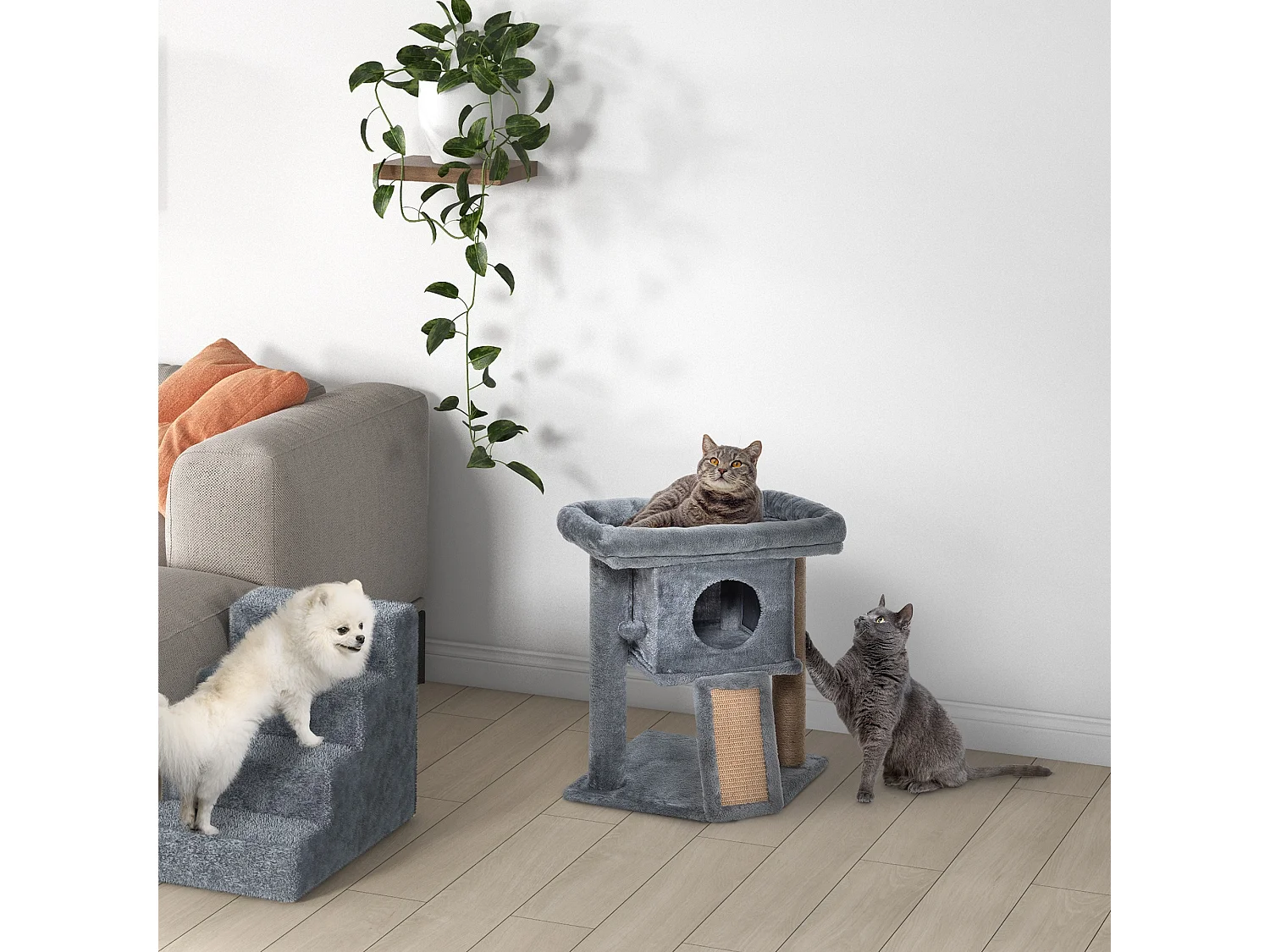 Albero per gatti con casetta, lettino e tiragraffi in juta grigio