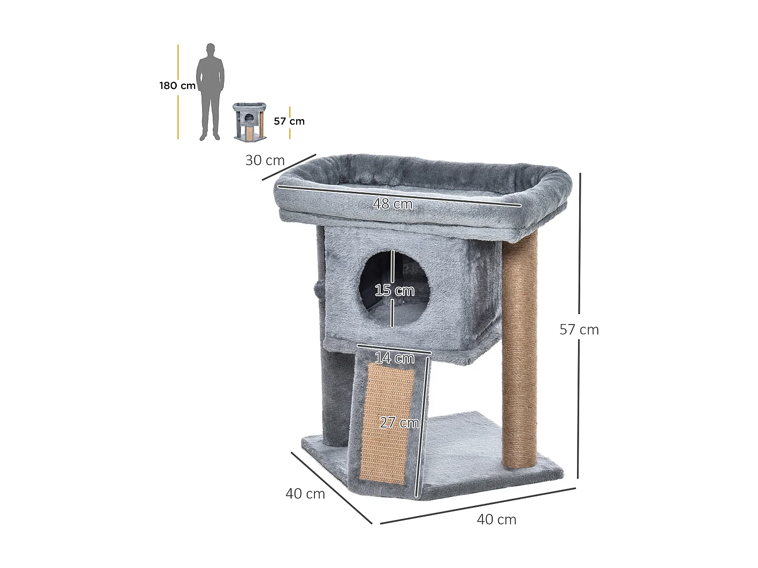 Albero per gatti con casetta, lettino e tiragraffi in juta grigio