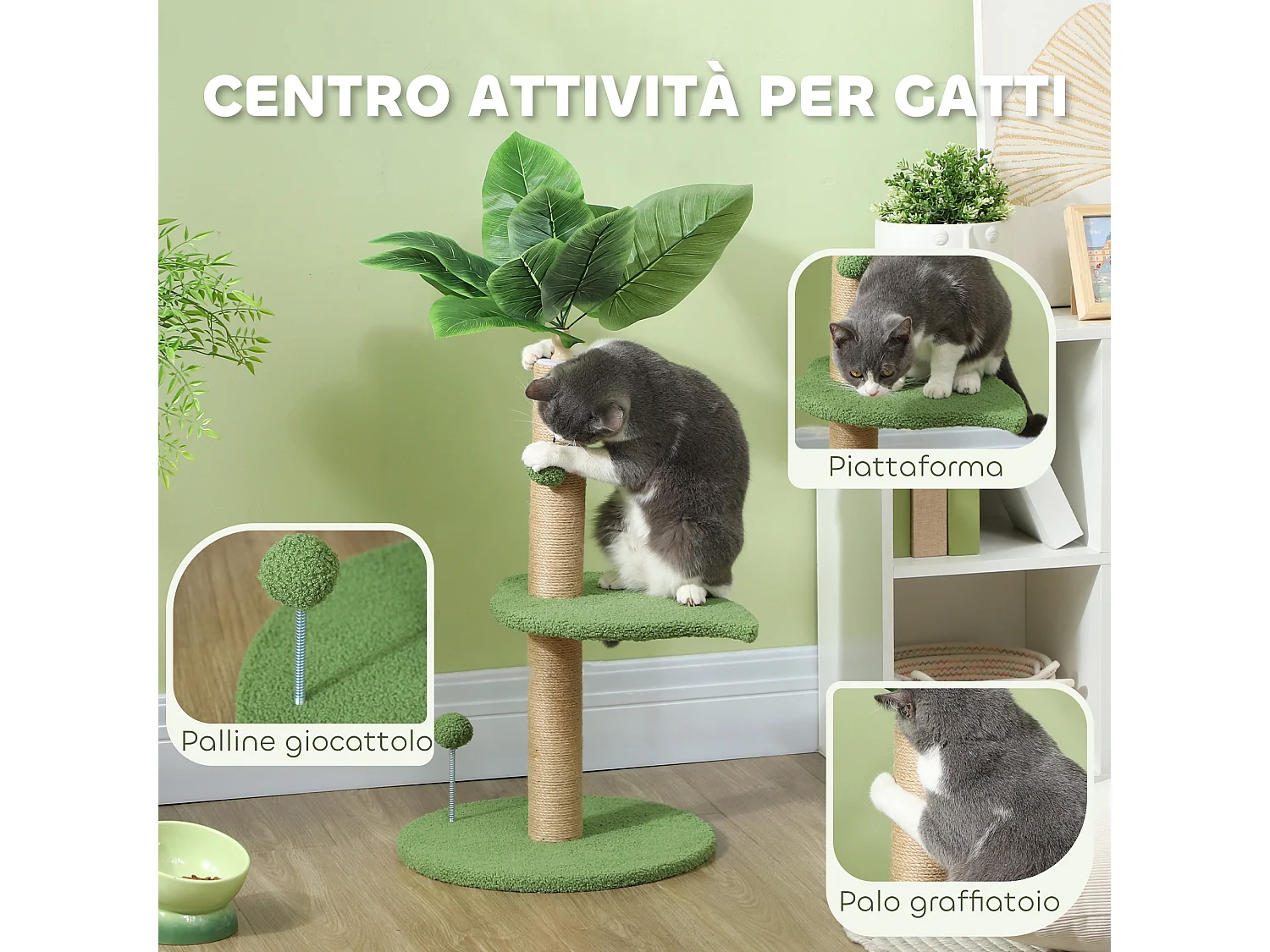 Albero per gatti con tiragraffi, piattaforme e palline ø40x83 cm verde