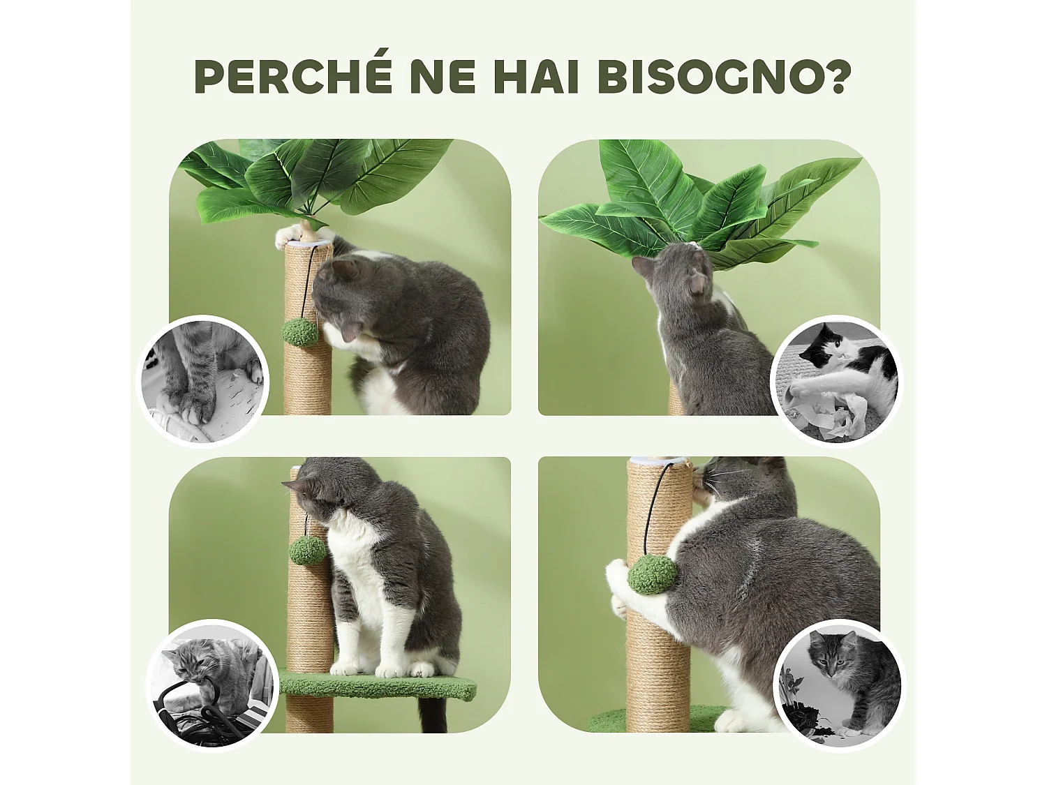 Albero per gatti con tiragraffi, piattaforme e palline ø40x83 cm verde