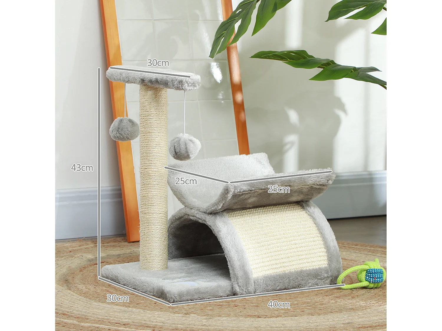 Tiragraffi per gatti in peluche con palo sisal, cuccia e 2 palline grigio