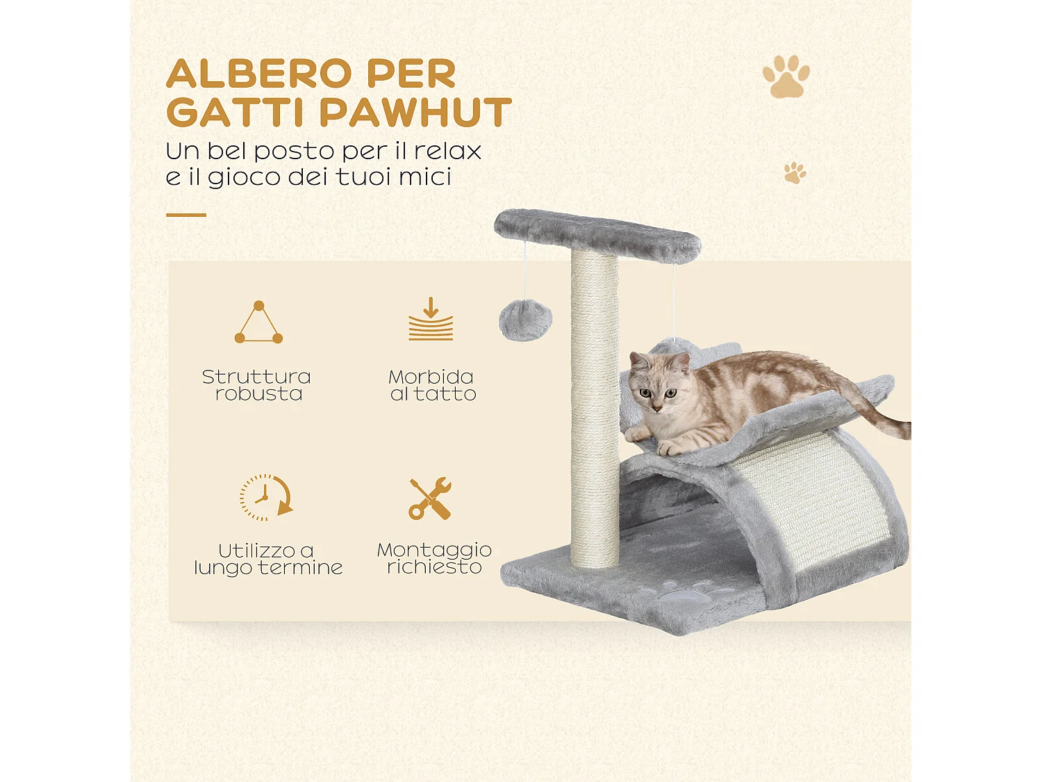 Tiragraffi per gatti in peluche con palo sisal, cuccia e 2 palline grigio