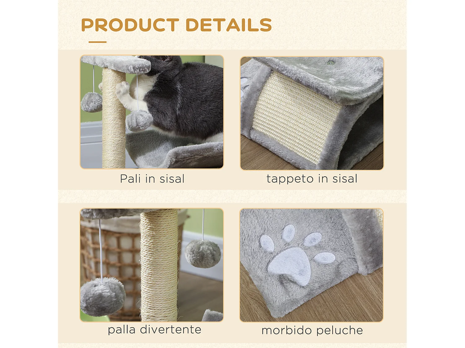 Tiragraffi per gatti in peluche con palo sisal, cuccia e 2 palline grigio