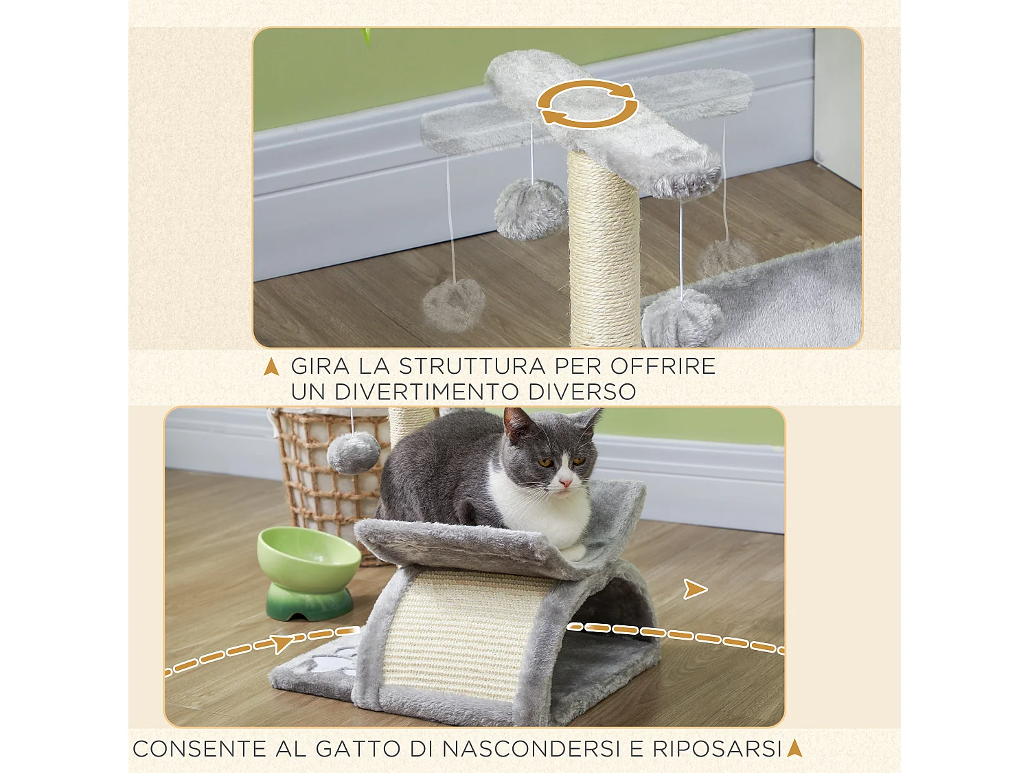 Tiragraffi per gatti in peluche con palo sisal, cuccia e 2 palline grigio