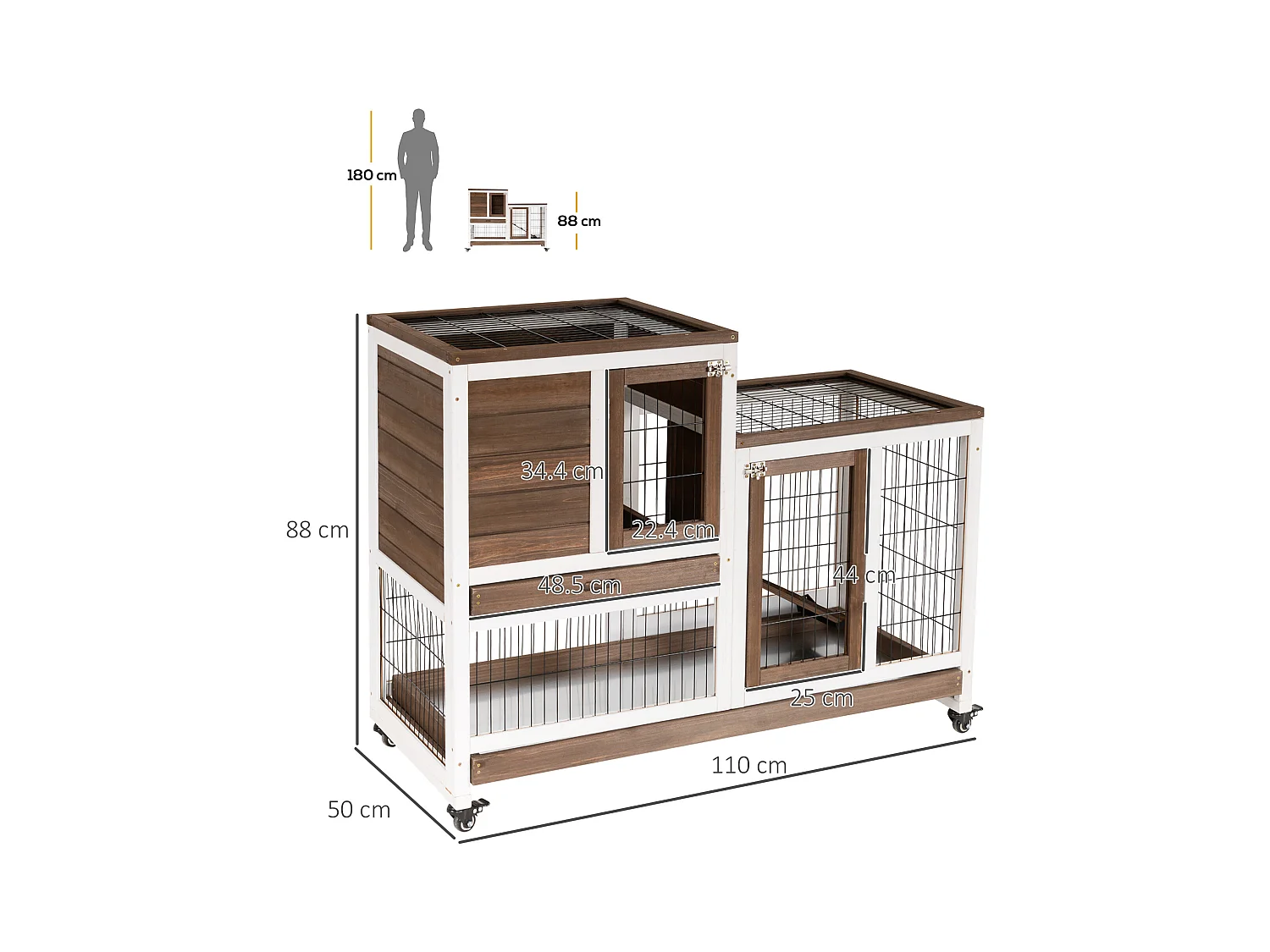 Conigliera in legno con ruote vassoi estraibili e casetta 110x50x88cm