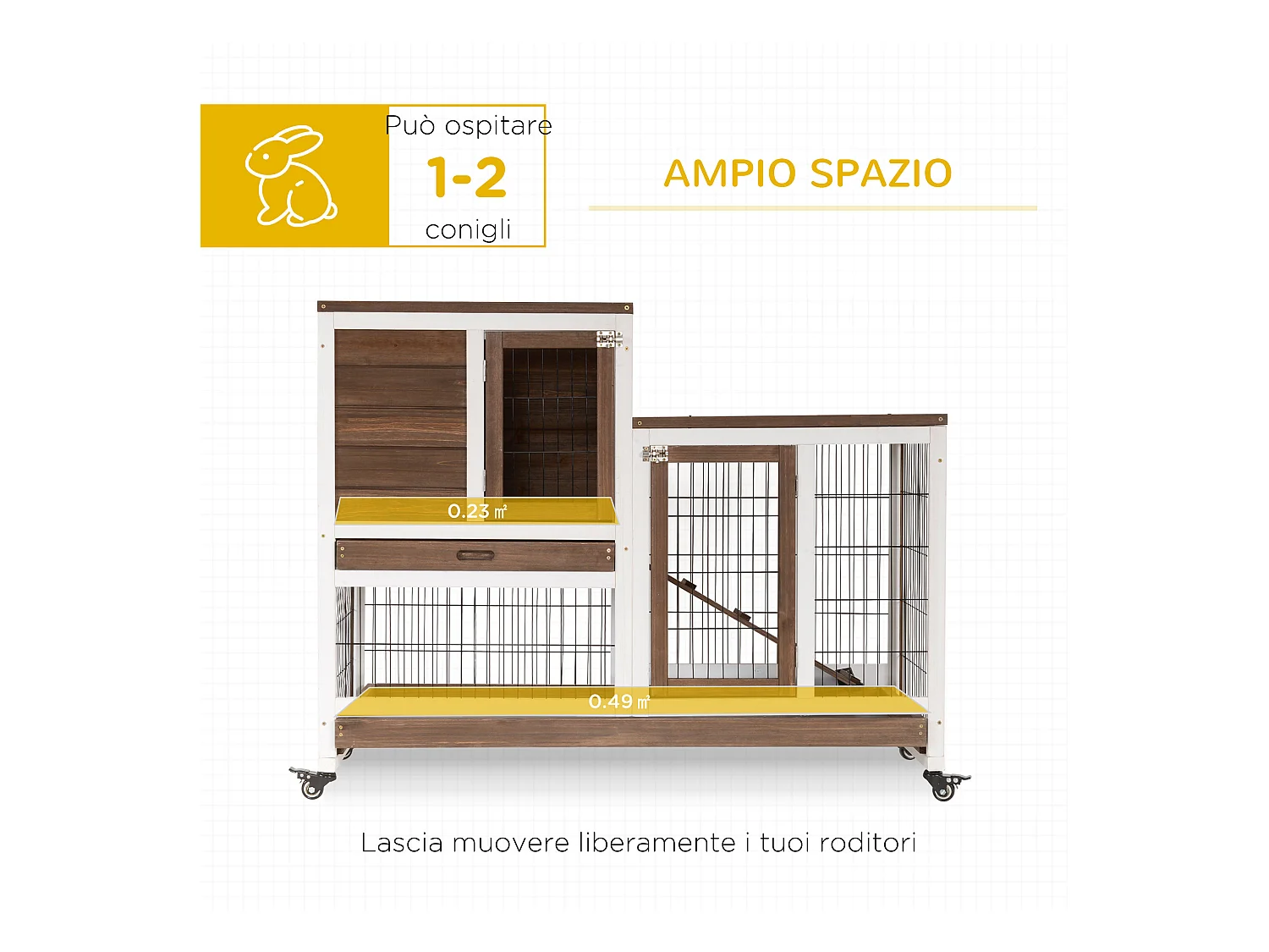 Conigliera in legno con ruote vassoi estraibili e casetta 110x50x88cm