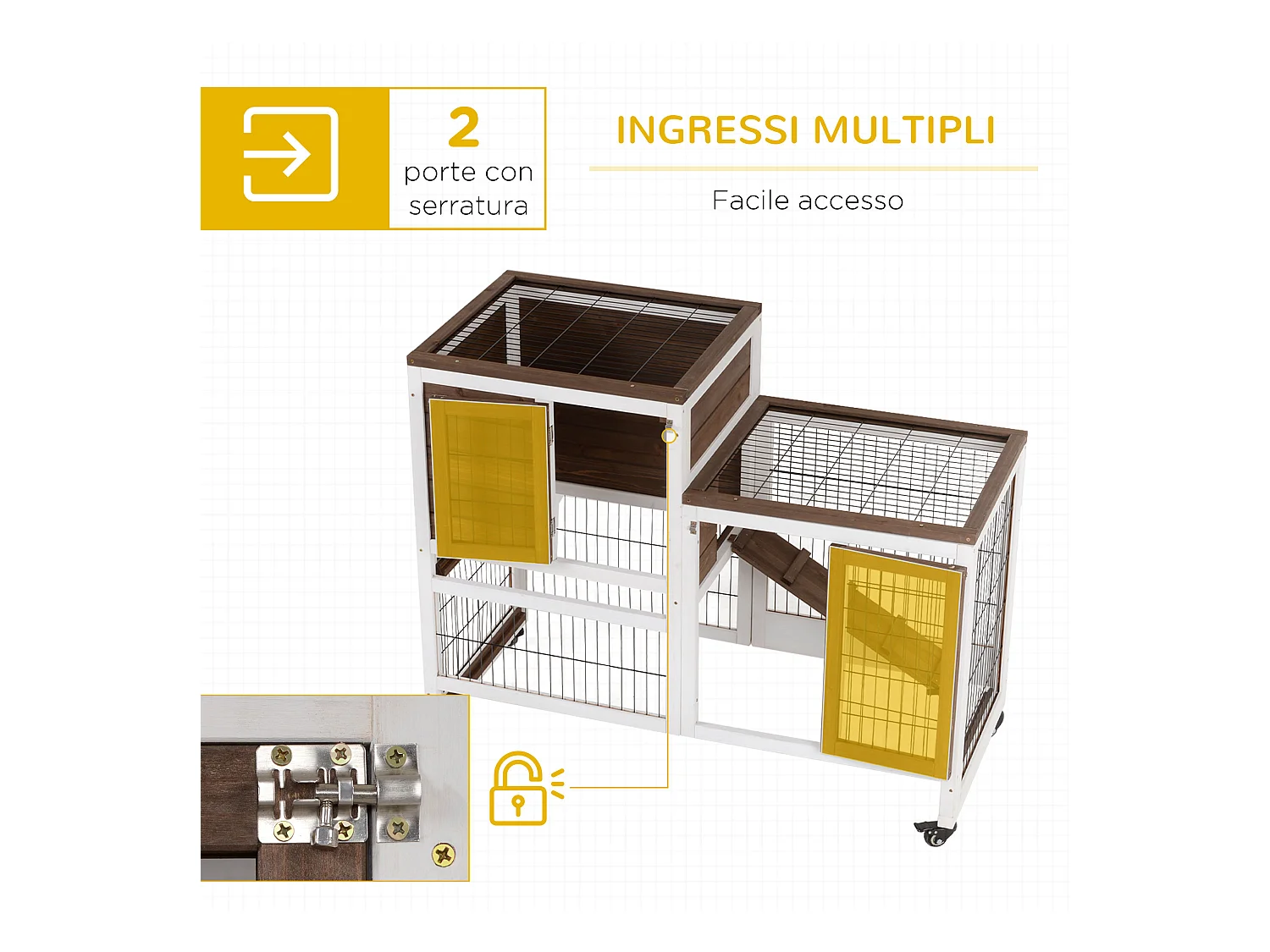 Conigliera in legno con ruote vassoi estraibili e casetta 110x50x88cm