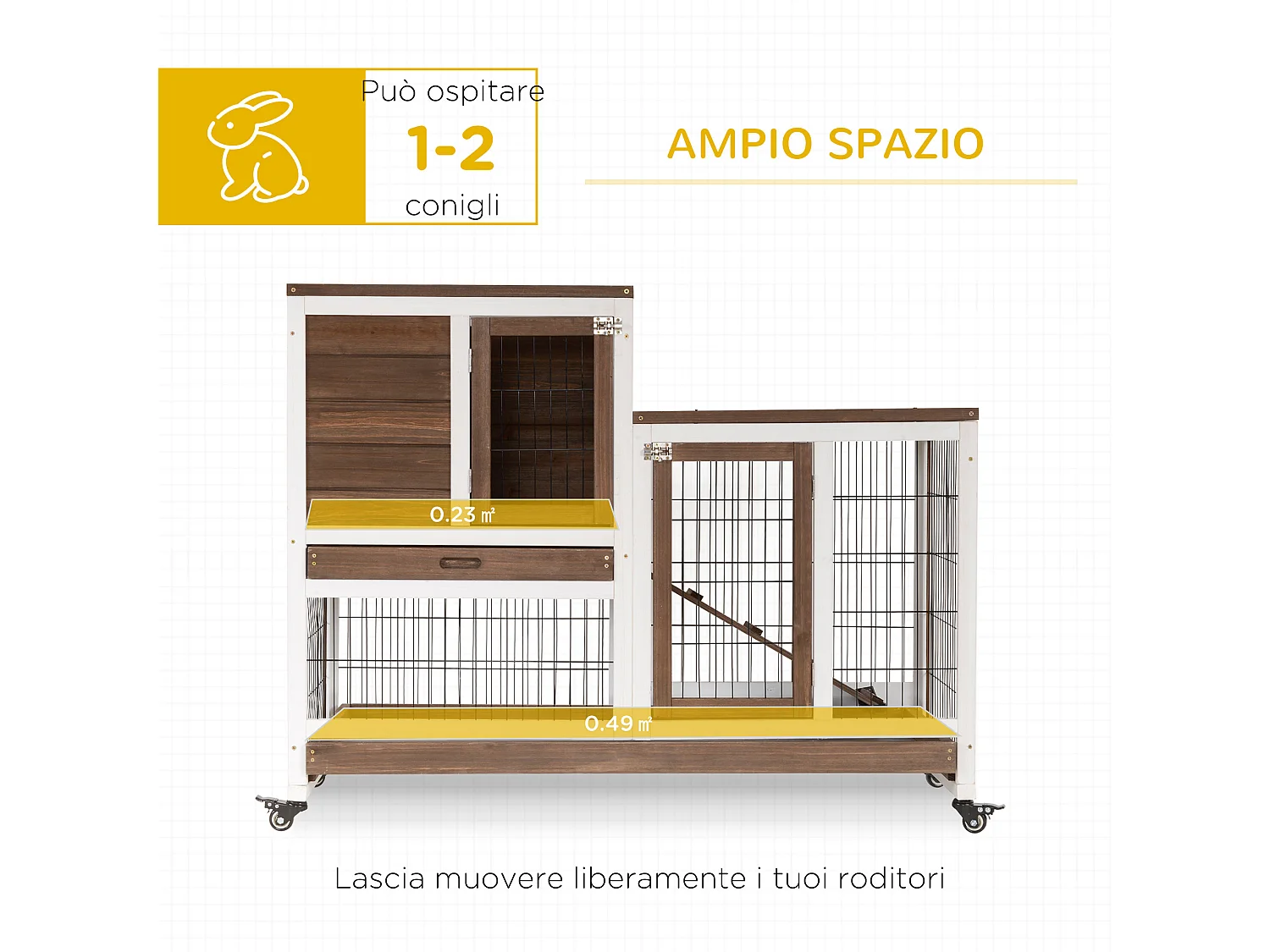Conigliera in legno con ruote vassoi estraibili e casetta 110x50x88cm