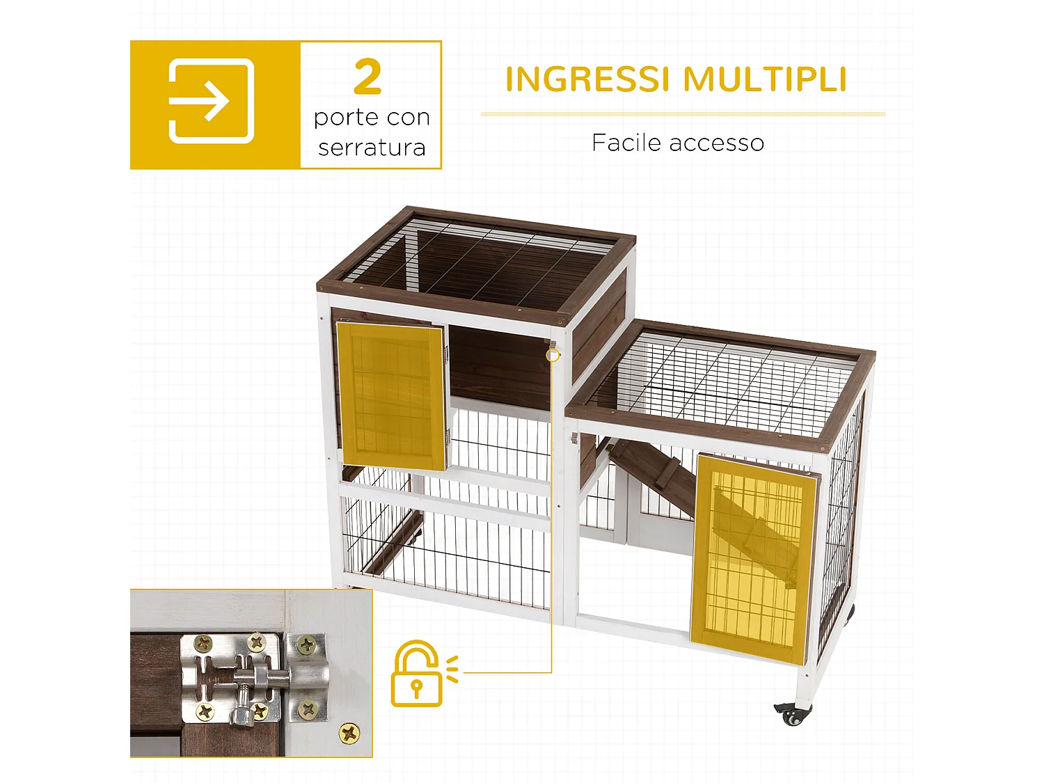 Conigliera in legno con ruote vassoi estraibili e casetta 110x50x88cm