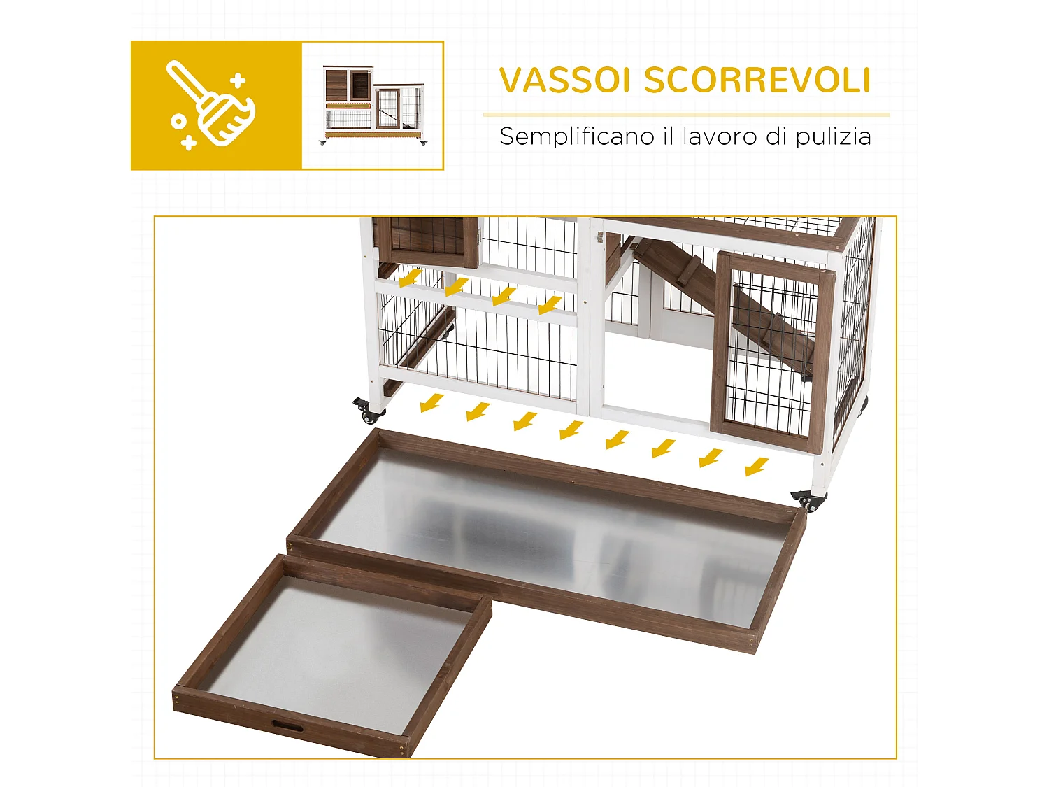 Conigliera in legno con ruote vassoi estraibili e casetta 110x50x88cm