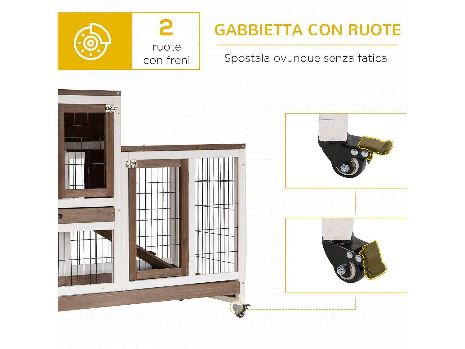 Conigliera in legno con ruote vassoi estraibili e casetta 110x50x88cm