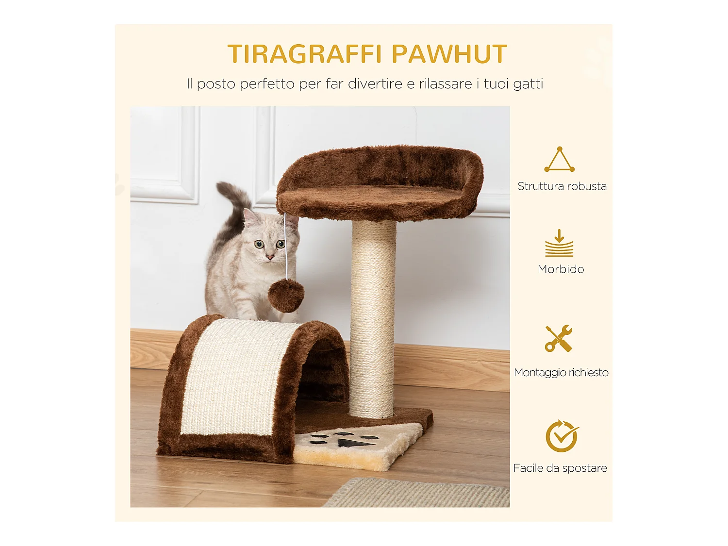 Albero tiragraffi per gatti con cuccia e pali in sisal 36x36x44cm marrone