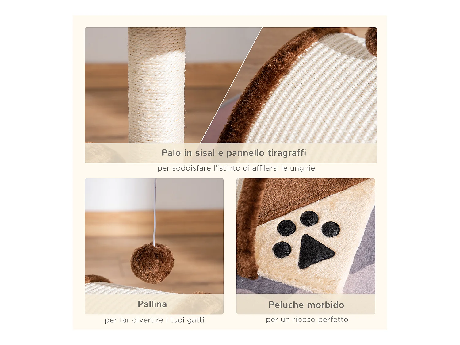 Albero tiragraffi per gatti con cuccia e pali in sisal 36x36x44cm marrone