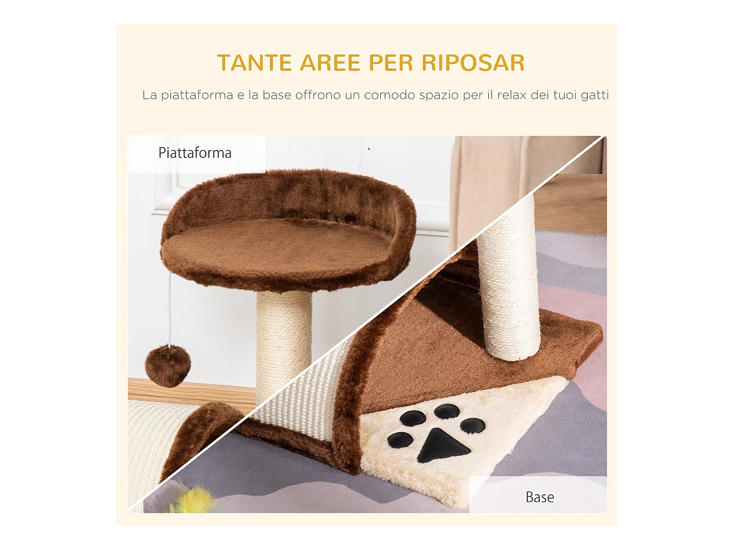 Albero tiragraffi per gatti con cuccia e pali in sisal 36x36x44cm marrone