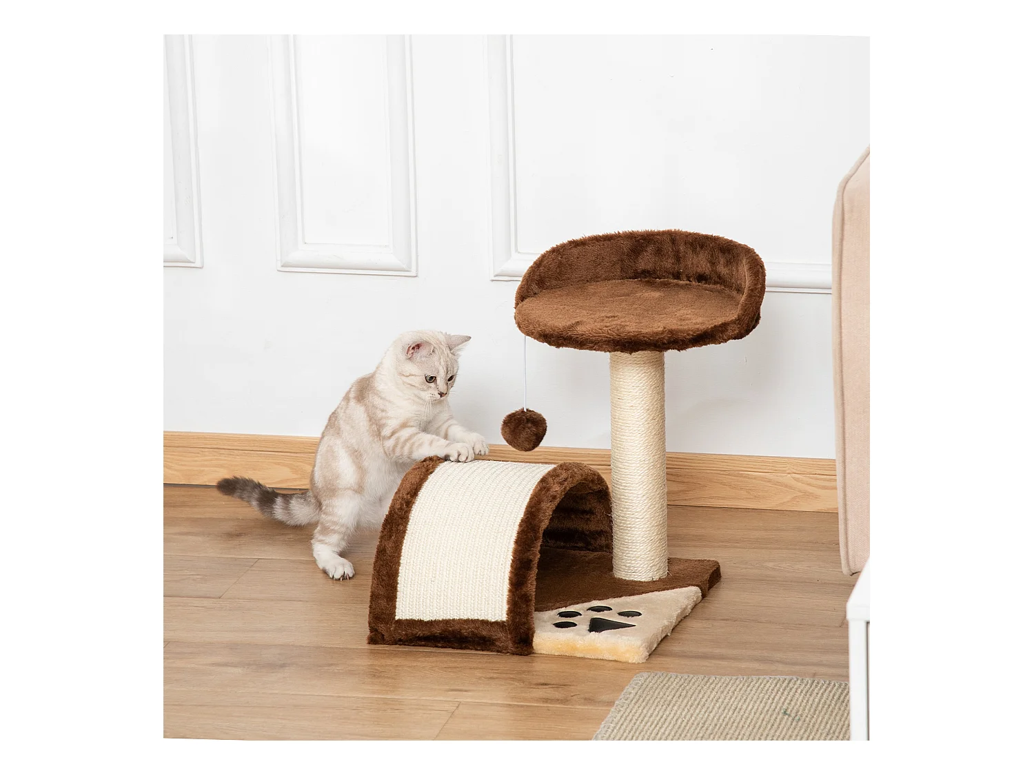 Albero tiragraffi per gatti con cuccia e pali in sisal 36x36x44cm marrone