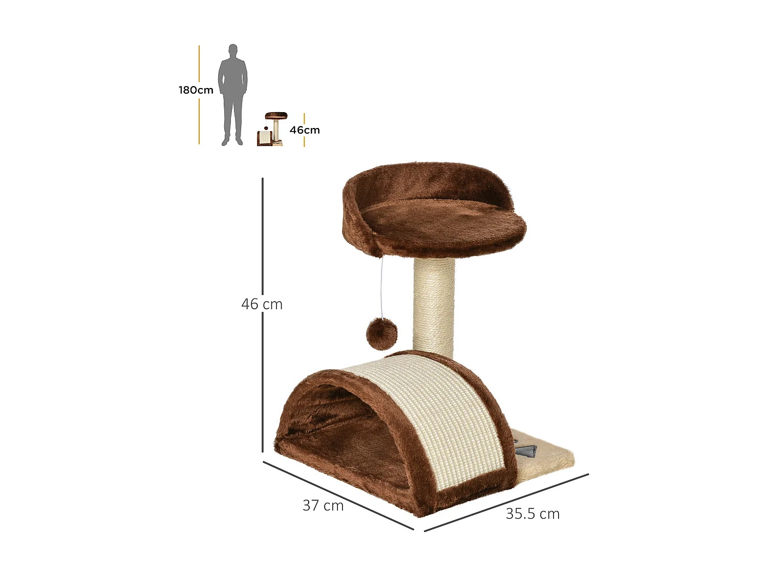 Albero tiragraffi per gatti con cuccia e pali in sisal 36x36x44cm marrone