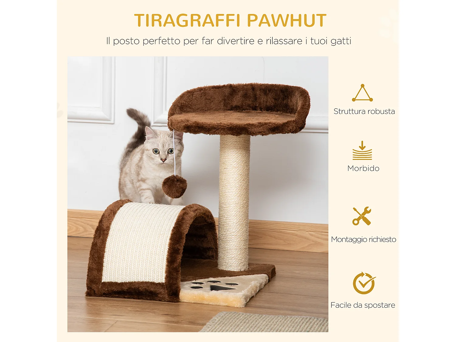 Albero tiragraffi per gatti con cuccia e pali in sisal 36x36x44cm marrone