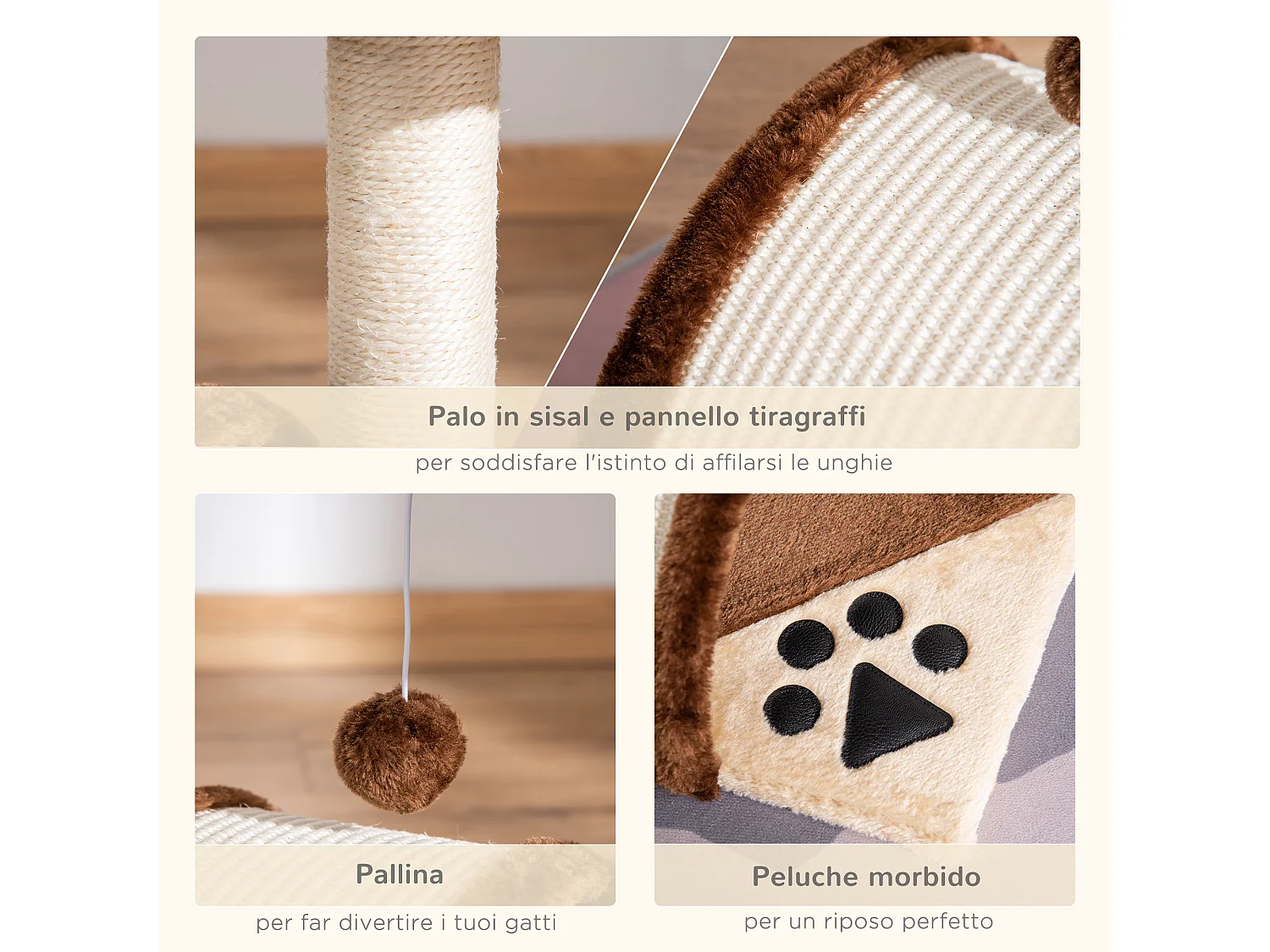 Albero tiragraffi per gatti con cuccia e pali in sisal 36x36x44cm marrone