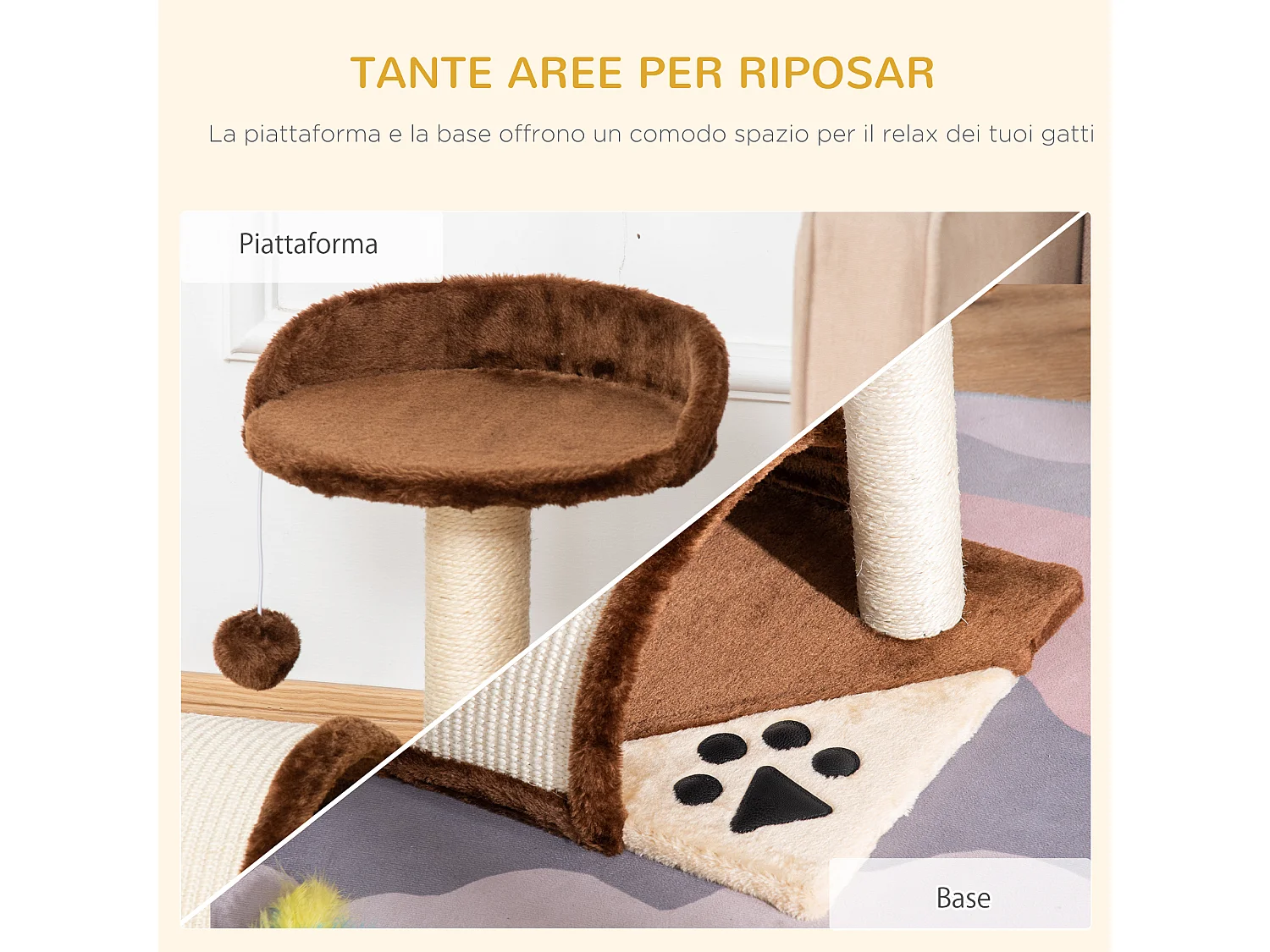 Albero tiragraffi per gatti con cuccia e pali in sisal 36x36x44cm marrone