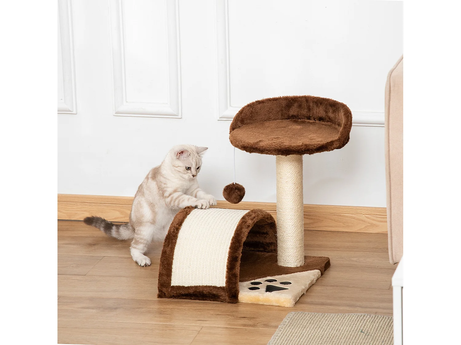 Albero tiragraffi per gatti con cuccia e pali in sisal 36x36x44cm marrone