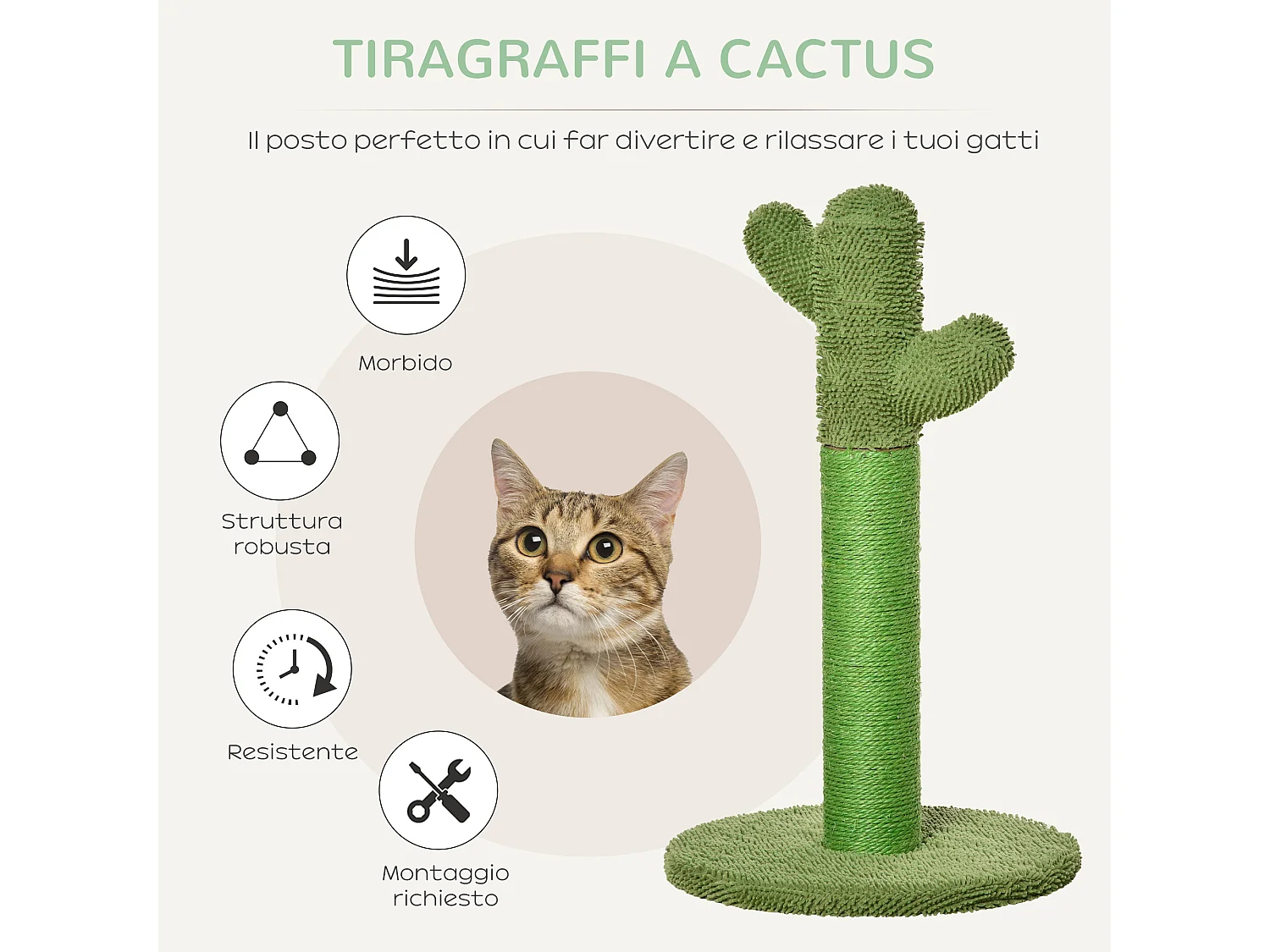 Albero tiragraffi per gatti a cactus con corde in sisal 40x40x65cm verde