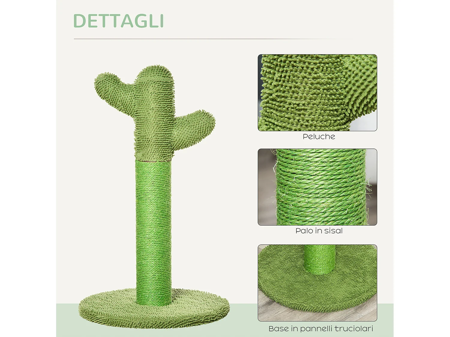 Albero tiragraffi per gatti a cactus con corde in sisal 40x40x65cm verde