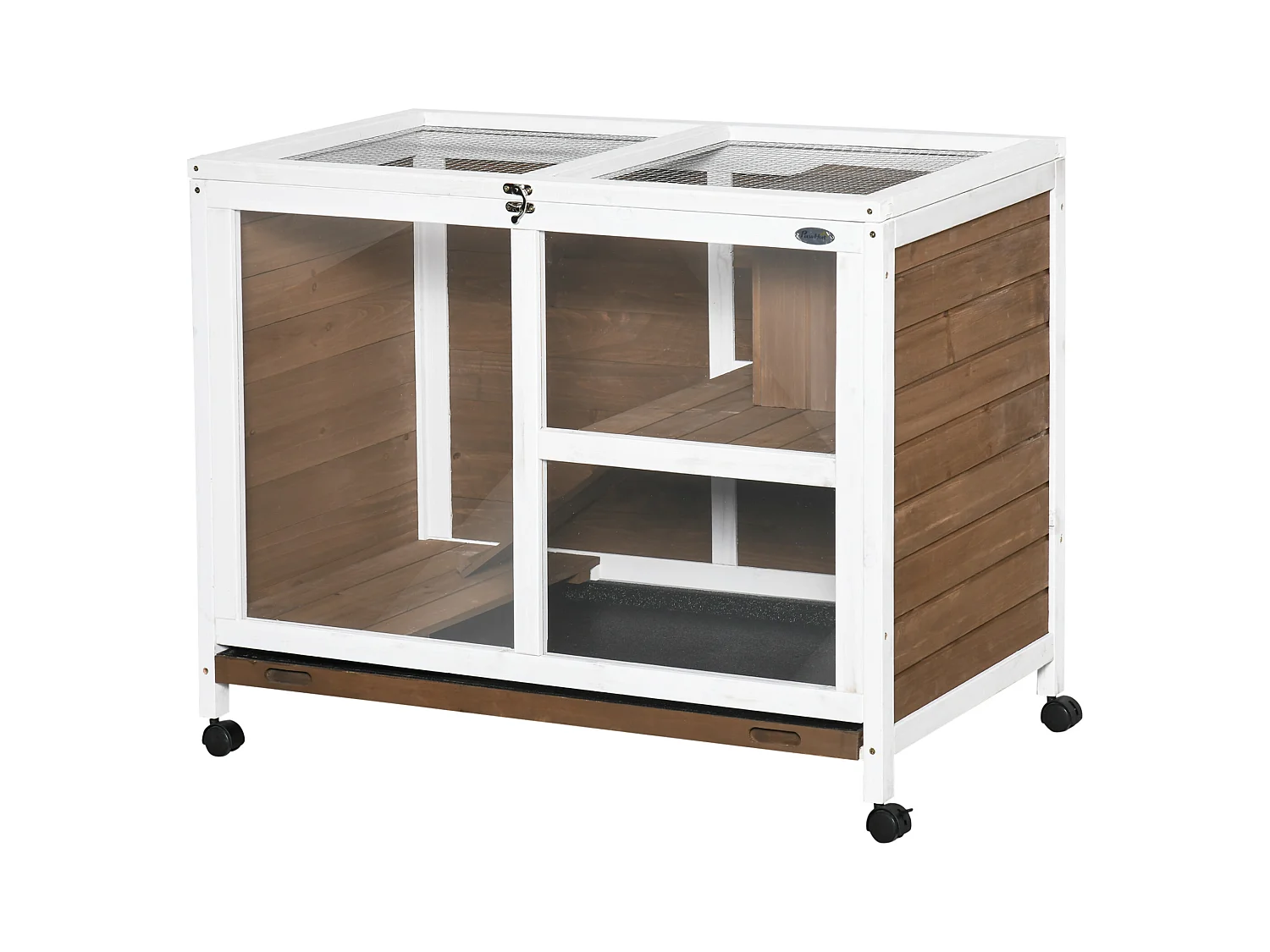 Conigliera a 2 livelli in legno con casetta, rampa e vassoio marrone