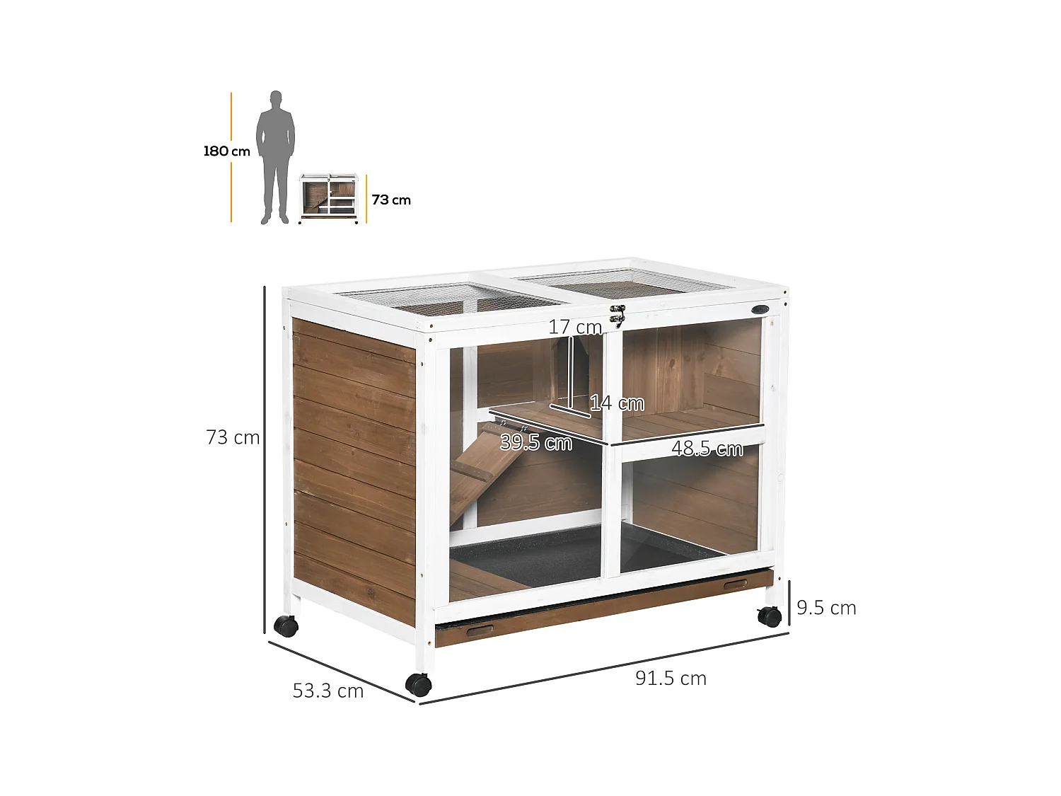Conigliera a 2 livelli in legno con casetta, rampa e vassoio marrone
