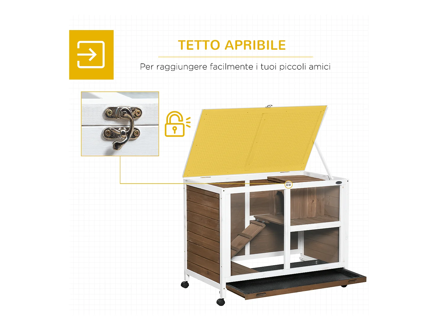 Conigliera a 2 livelli in legno con casetta, rampa e vassoio marrone