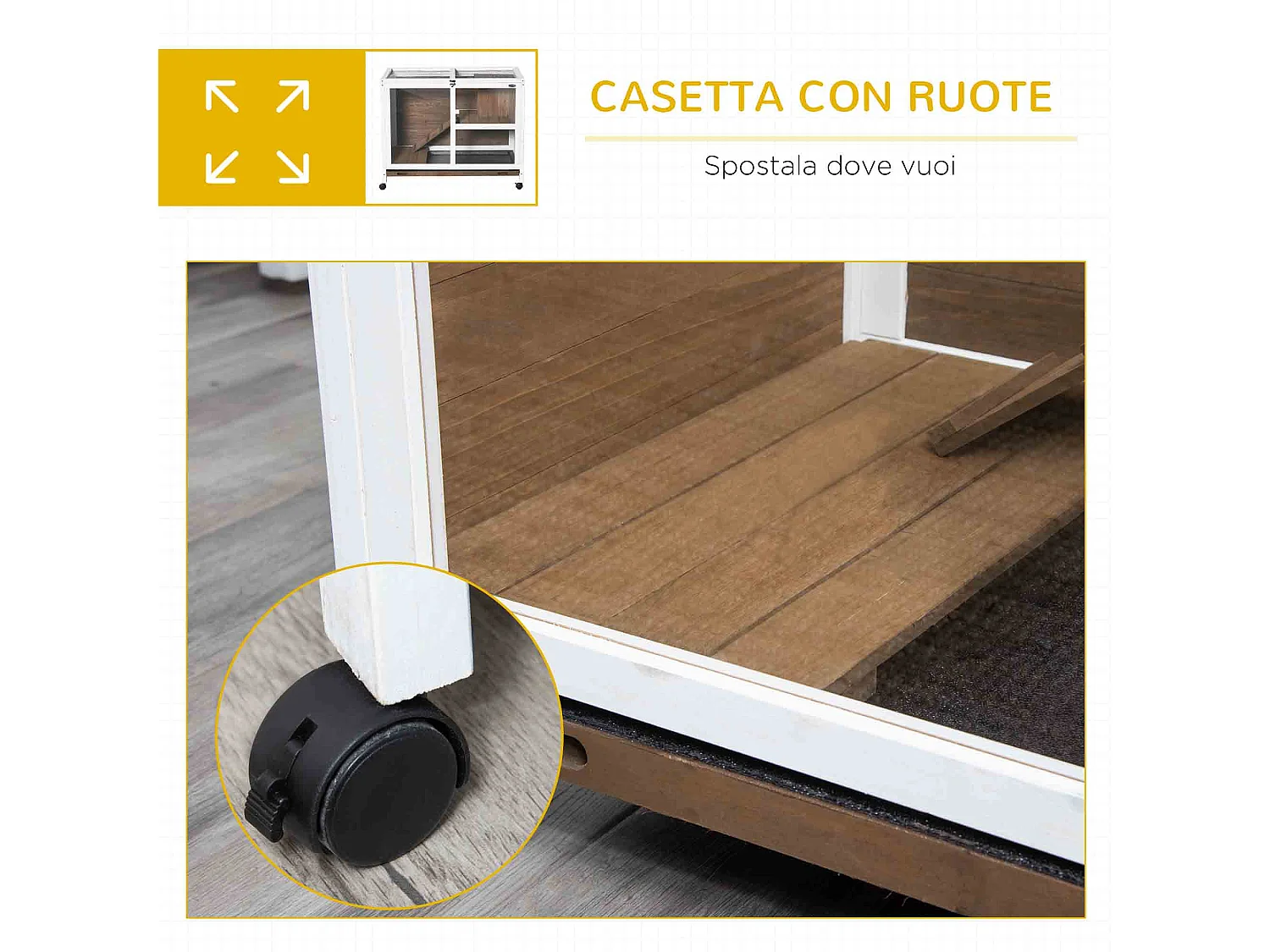 Conigliera a 2 livelli in legno con casetta, rampa e vassoio marrone